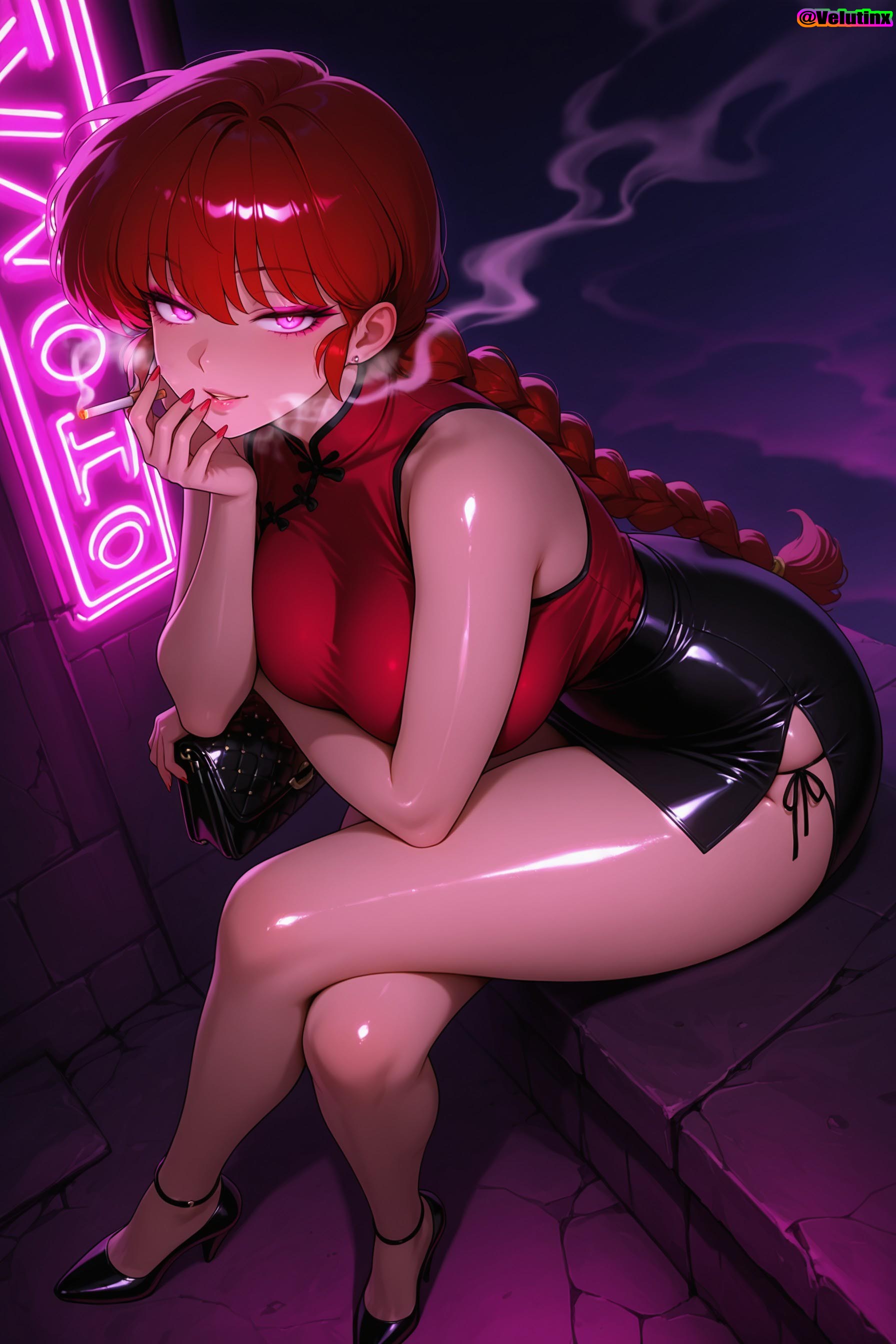 1girls, ai generated, big breasts, braid, braided ponytail, breasts, bubble butt, chinese clothes, crossed legs, curvaceous, curvy, curvy figure, female, head rest, hi res, high heels, high quality, highres, huge ass, leaning forward, long braid, long hair, microskirt, naughty face, neon lights, paid reward available, pink eyes, ranma 1/2, ranma saotome, ranma-chan, red fingernails, red hair, shiny skin, side-tie panties, sitting, skindentation, skirt, smoking, soft breasts, string panties, sweat, sweating, tangzhuang, thick thighs, velutinx, visible breath, voluptuous, voluptuous body, voluptuous female, watermark, wide hips