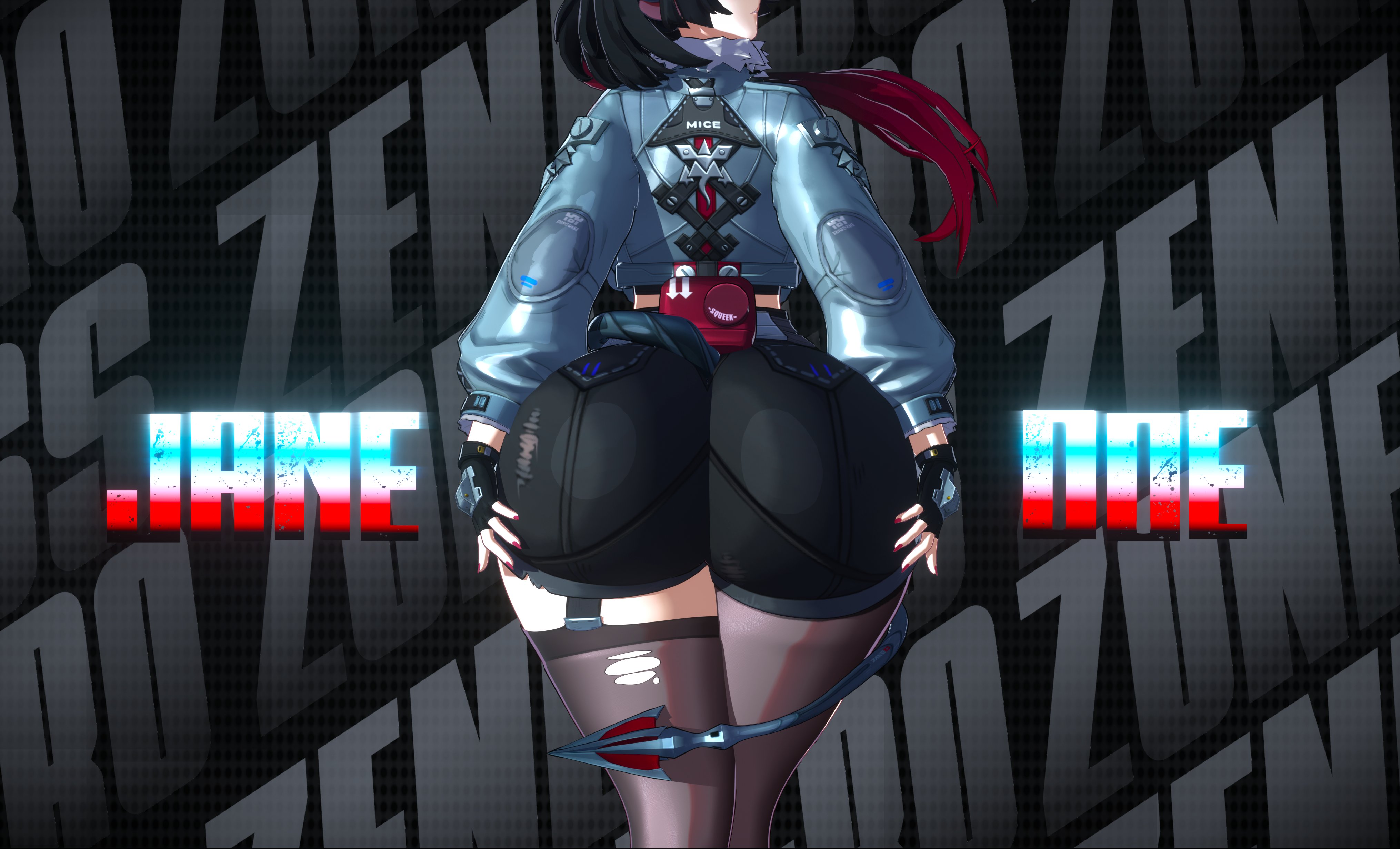 1girls, 3d, ass, big ass, bottom heavy, bubble ass, bubble butt, clothing, fat ass, female, female only, huge ass, jacket, jane doe (zenless zone zero), kiro93591529, knife, large ass, looking at viewer, looking back, png, shorts, solo, tail, thick ass, thick thighs, wide hips, zenless zone zero