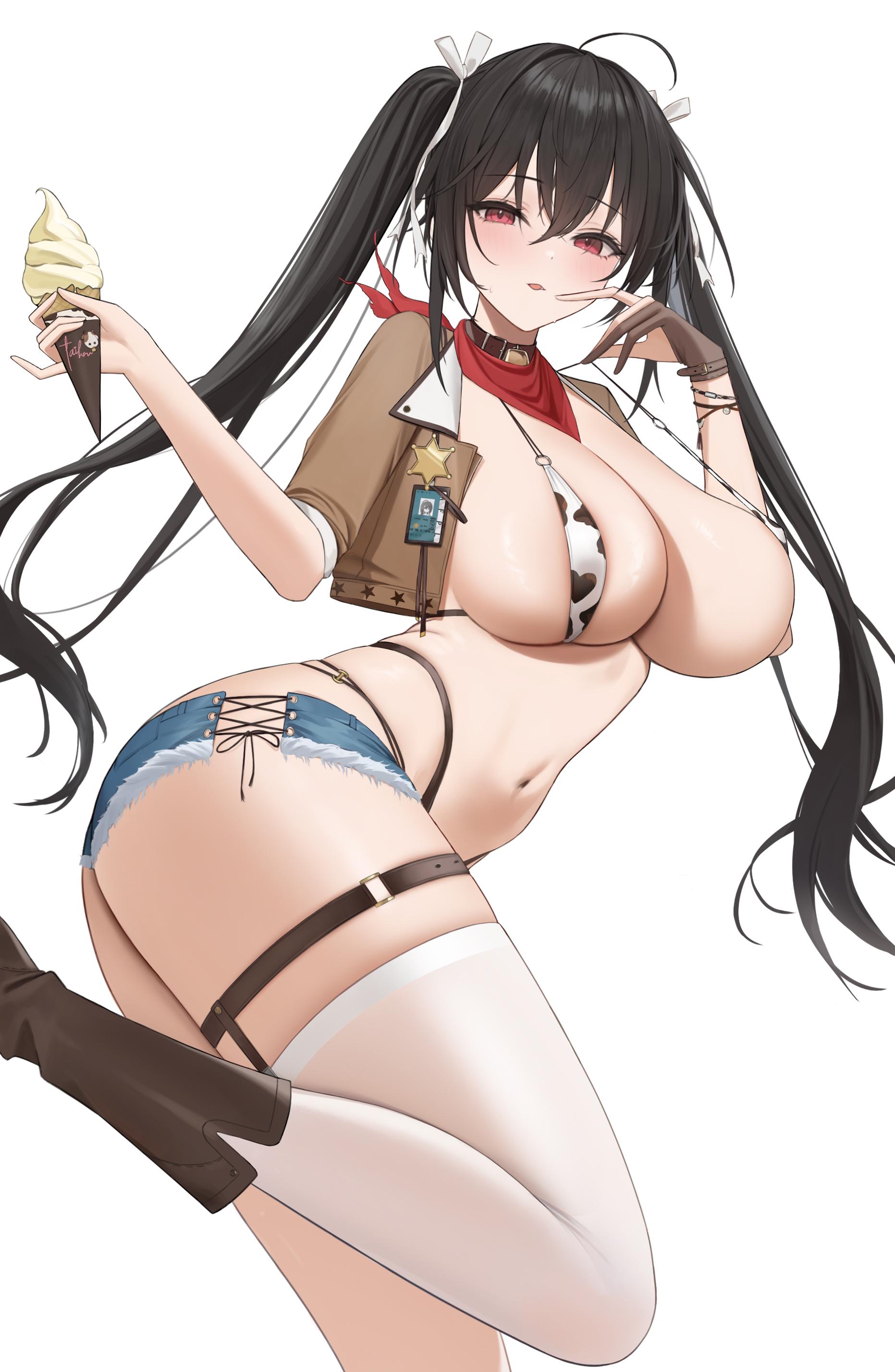 ahoge, animal print, areola slip, ass, azur lane, bikini, black hair, blue shorts, blush, boots, breasts, brown footwear, brown jacket, cg, choker, cleavage, cow print, cow print bikini, cropped jacket, denim, denim shorts, female, food, from side, gloves, hair ribbon, highleg, highleg bikini, holding, holding food, holding ice cream, huge breasts, ice cream, jacket, large breasts, leg up, long hair, looking at viewer, micro shorts, navel, open clothes, open jacket, parted lips, print bikini, red eyes, short shorts, shorts, simple background, single thighhigh, skindentation, solo, standing, standing on one leg, stomach, strap gap, string bikini, swimsuit, taihou (azur lane), thigh strap, thighhighs, thighs, twintails, very long hair, white background, white thighhighs