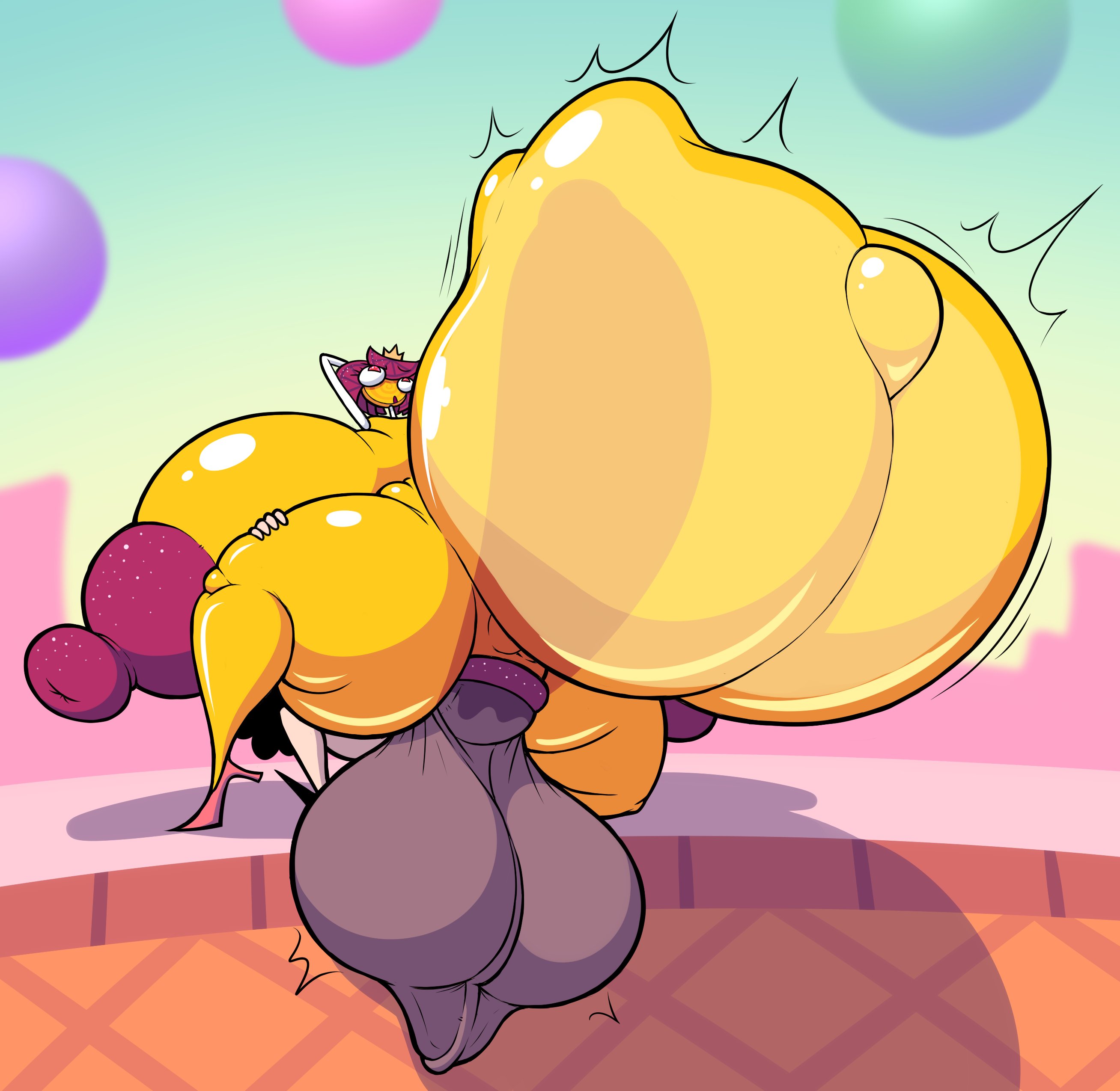 1boy, 1girls, 2025, 2d, 2d (artwork), 2d artwork, ahe gao, anon, anonymous male, bent spoon position, breasts, breasts bigger than head, bulging belly, candy, cumflated belly, cumflation, disembodied penis, goobabooba, huge balls, huge breasts, huge cock, huge nipples, hyper, hyper balls, hyper belly, hyper breasts, hyper cumflation, hyper genitalia, hyper penis, hyper testicles, inflation, princess loolilalu, shaded, shadow, straight, the amazing digital circus, thick thighs, transparent belly