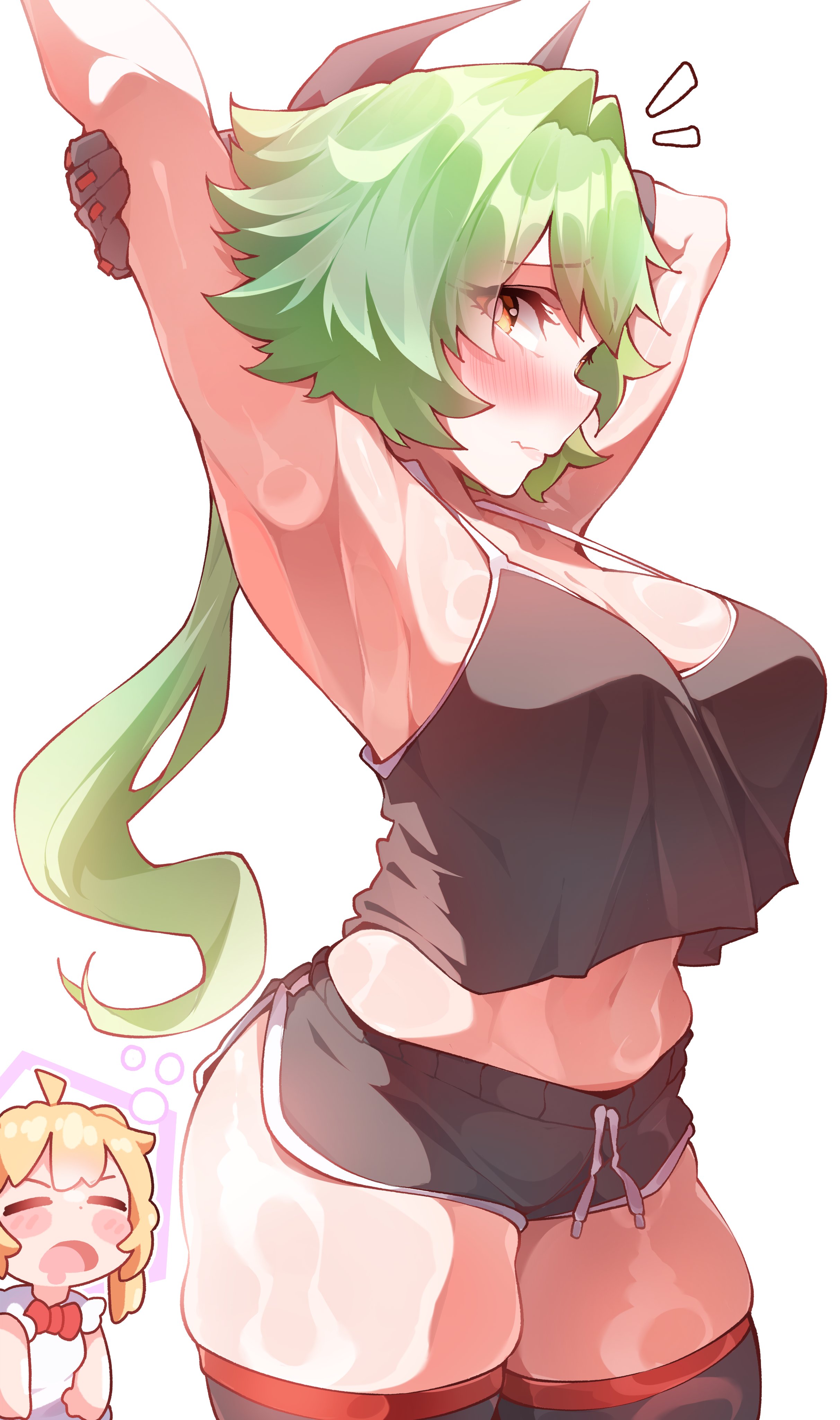2girls, artist request, breasts, caesar king, female, female focus, female only, large breasts, light skin, light-skinned female, looking at viewer, luciana de montefio, orcavice, thick thighs, thighhighs, thighs, waking up, white background, wide hips, zenless zone zero