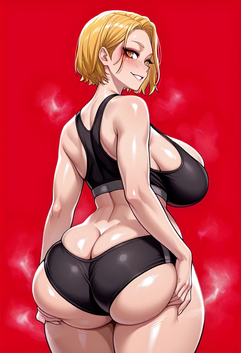 1girls, 2025, ai generated, ass, ass support, big ass, black bra, black shorts, black sports bra, blonde hair, blush, bra, breasts, female, h master, large breasts, looking back, presenting, presenting ass, red background, sazanami kuina, shorts, sideboob, simple background, smile, smiling, solo, sports bra, sports shorts, sports uniform, sportswear, standing, steaming body, thick thighs, thighs, tougen anki