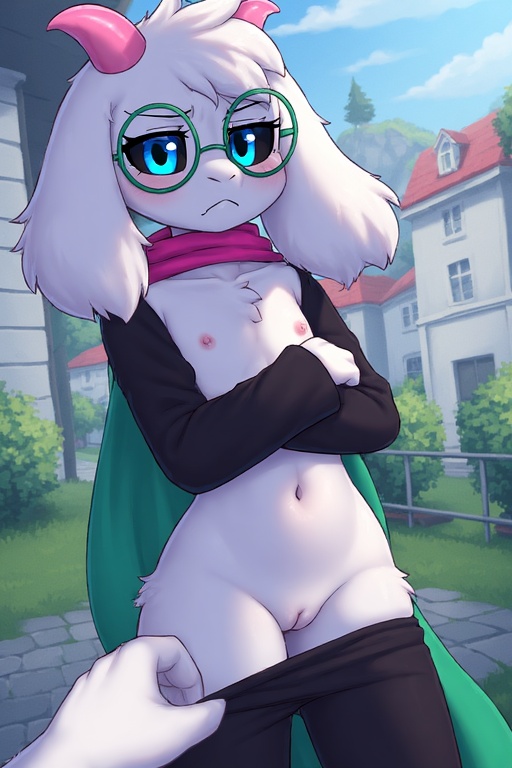 ai generated, annoyed, anthro, black sclera, blue eyes, crossed arms, curvy female, deltarune, exposed pussy, female, flat chest, glasses, goat, horns, nipples, no panties, pov, pov eye contact, pov hands, pussy, ralsei, ralsei (female), rule 63