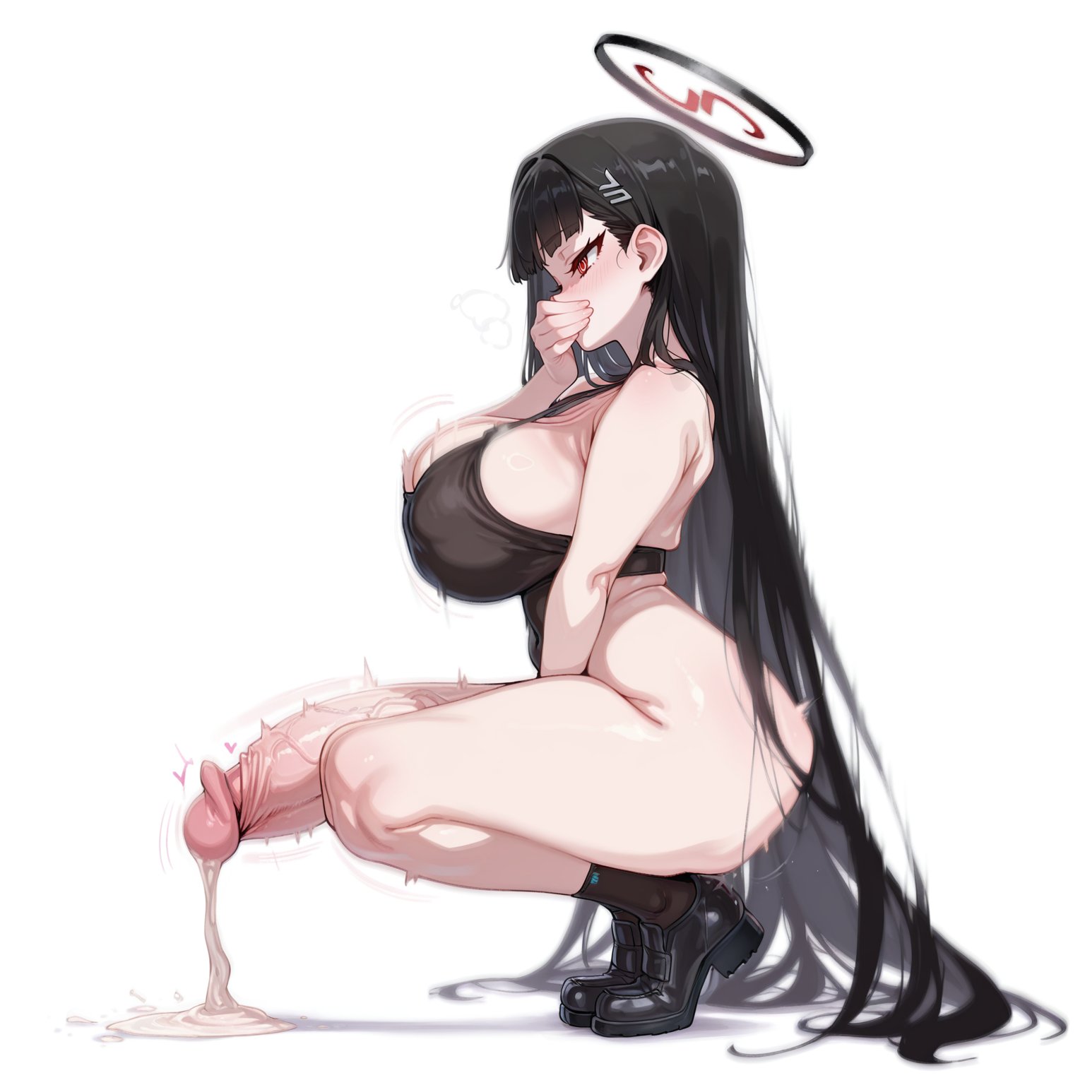 1futa, ai generated, cum, cum pool, cum puddle, excessive cum, futanari, hexmaniacal, leaking cum, squatting, throbbing, throbbing penis