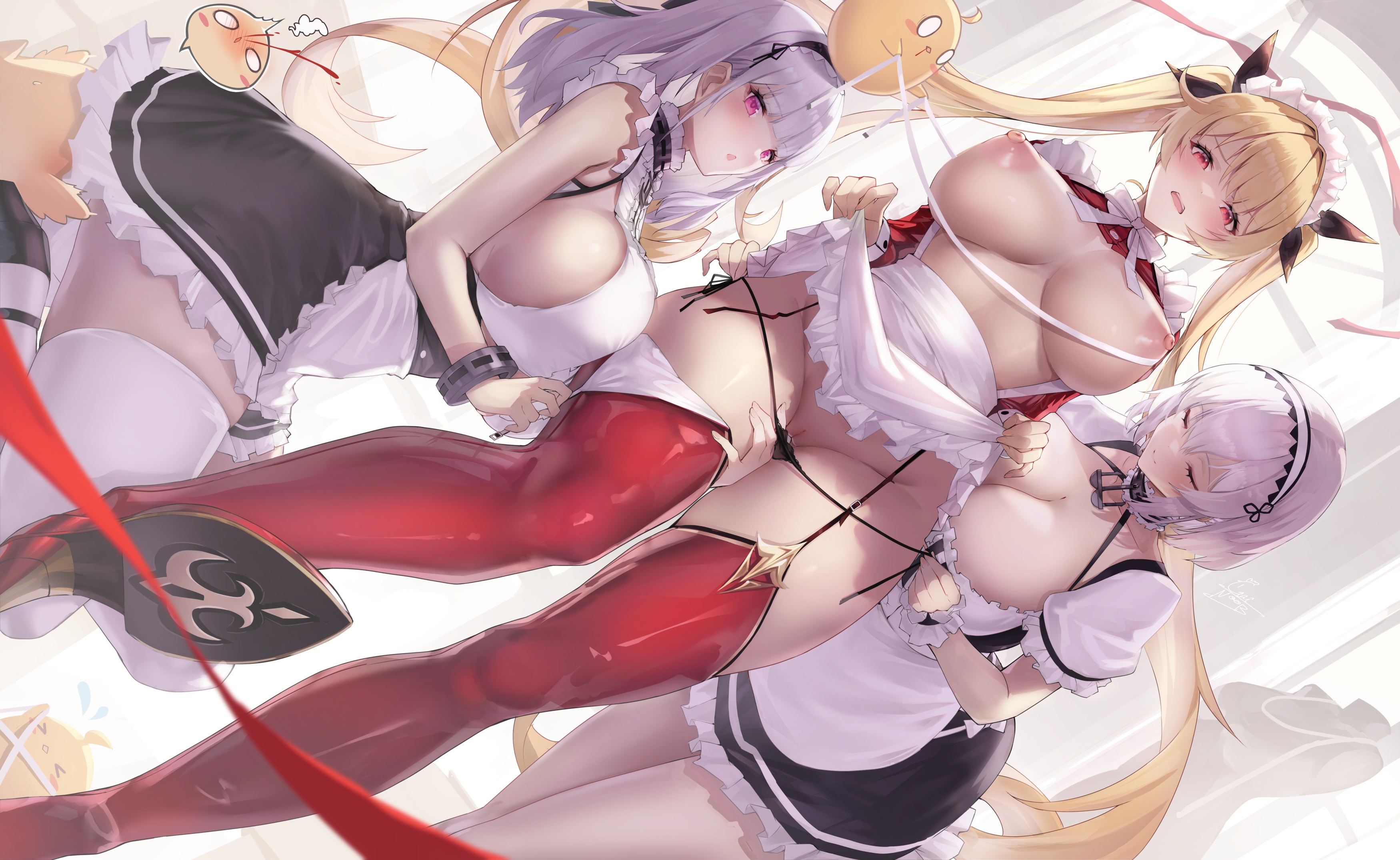 > <, 3girls, anchor choker, apron, azur lane, bare shoulders, bird, black dress, black panties, black ribbon, blonde hair, blush, boots, breasts, breasts out, cg, choker, cleavage, closed eyes, clothes lift, clothes pull, dido (azur lane), dress, dress lift, frilled apron, frilled dress, frills, gainoob, hair ribbon, hairband, high heels, lace trim, large breasts, lifted by self, long hair, looking at viewer, maid, maid apron, maid headdress, manjuu (azur lane), multiple girls, nelson (azur lane), nipples, open mouth, panties, panty pull, pink eyes, puffy short sleeves, puffy sleeves, pulling another's clothes, purple eyes, red eyes, red footwear, short hair, short sleeves, side-tie panties, sirius (azur lane), skirt, sleeveless, thighhighs, thighs, twintails, underboob, underwear, very long hair, waist apron, white apron, white dress, white hair, white thighhighs