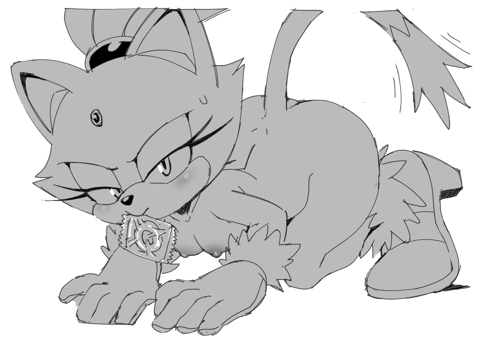 areola, blaze the cat, cat girl, catgirl, condom, condom in mouth, gloves, greyscale, junktail, mobian, mobian (species), mobian cat, nipples, nude, nude female, sega, shoes, simple background, sketch, sonic (series), sonic the hedgehog (series), sweat, tail, white background