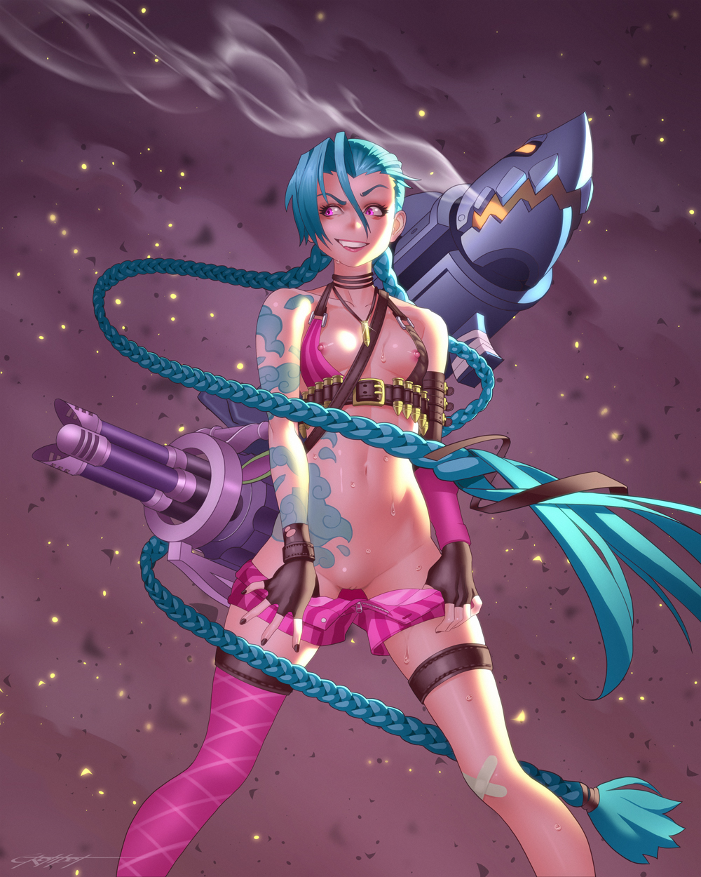 1girls bare_shoulders blue_hair braid breasts bullet embers erotibot female female_only fingerless_gloves gloves grin highres jewelry jinx_(league_of_legends) league_of_legends long_hair navel necklace nipple_slip nipples pink_eyes pussy shorts shorts_pull signature single_thighhigh smile smoke solo steam sweat tattoo thighhighs twin_braids uncensored very_long_hair weapon