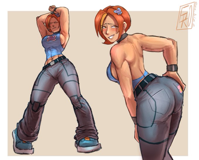 1girls, abs, bell bottoms (pants), big ass, brown eyes, butterfly (planetronika), ginger female, ginger hair, multiple views, muscles, planetronika, teenage girl, wide hips