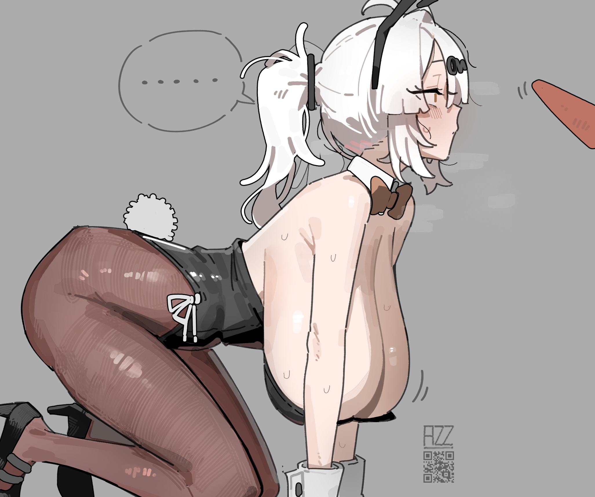 ....., 1girls, 2026, 2d (artwork), animal tail, artist name, azz0422, big breasts, boobs, breasts, bunny ears, bunnysuit, carrot, clothed, clothing, color, colored, digital media (artwork), fake animal ears, fake rabbit ears, fake tail, female, female only, grey background, hair, hi res, hoyoverse, innuendo, kneeling, kneeling down, large breasts, legs, legwear, light skin, light skinned female, mihoyo, pantyhose, qr code, rabbit tail, simple background, solo, sweat, sweatdrop, tail, thick thighs, thighs, tits, white hair, yixuan (zenless zone zero), zenless zone zero