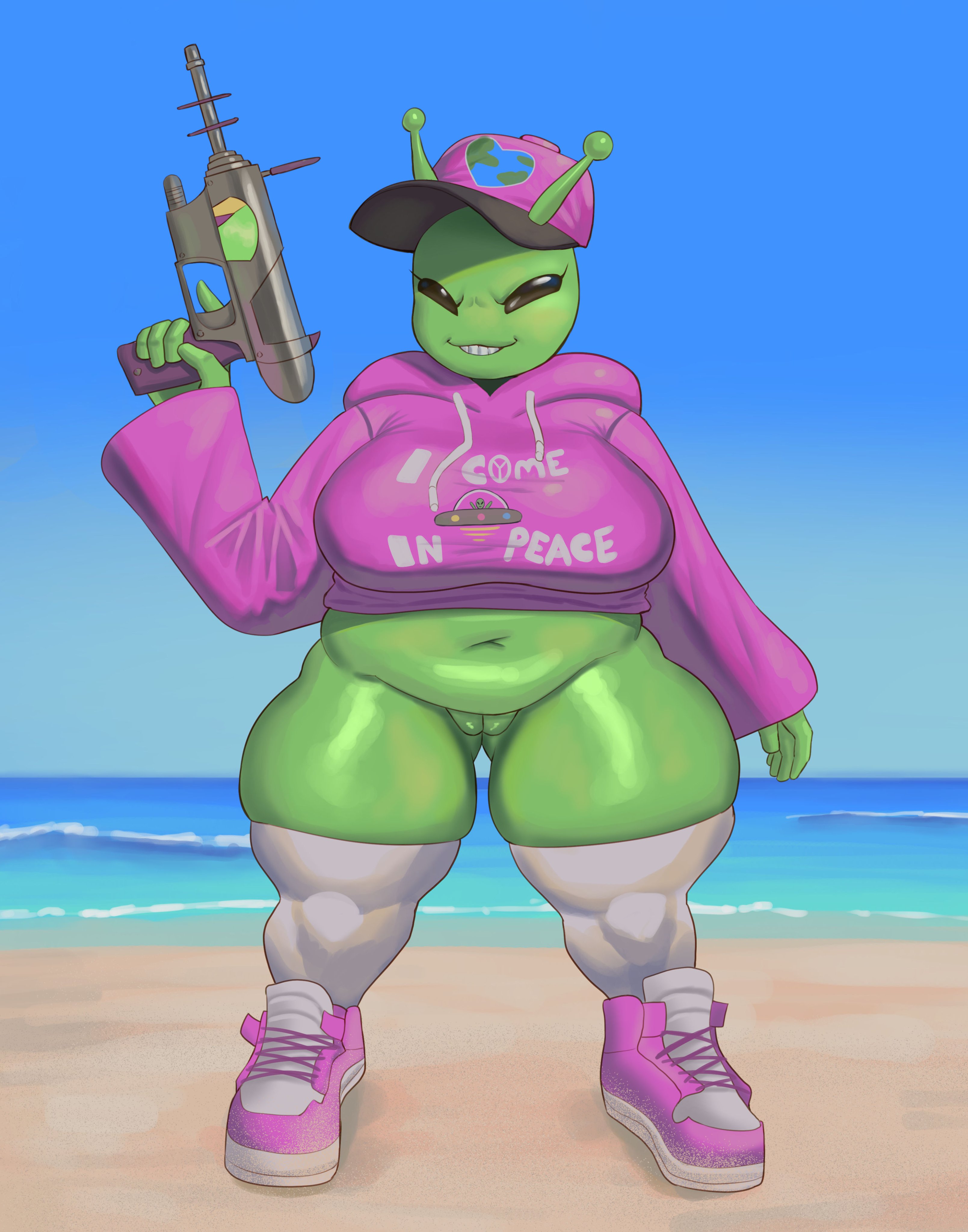 1girls, alien, alien girl, anthro, bbw, bear, big breasts, chubby, chubby female, fat, female, furry, furry female, goldcrustedchicken, gun, hi res, huge breasts, looking at viewer, no panties, plump, pussy, smug, smug smile, thick thighs, thighhighs, vagina, vulva, wide hips
