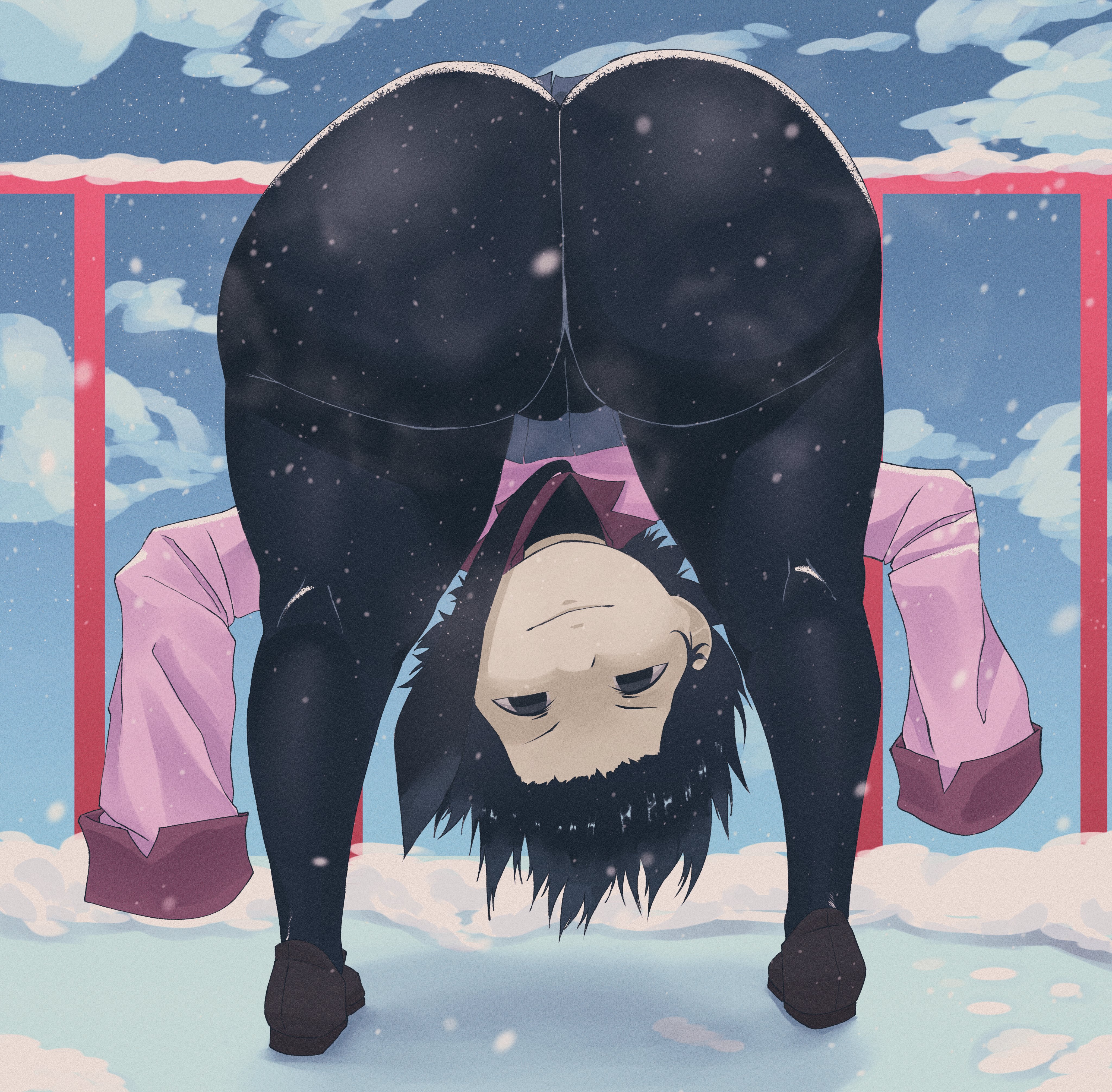 1girl, ass, ass focus, bent over, black eyes, black necktie, black pantyhose, blue sky, cameltoe, huge ass, kyokeer, light smile, long sleeves, looking at viewer, looking through own legs, medium hair, monogatari (series), necktie, no pupils, oshino ougi, outdoors, pantyhose, pink shirt, shirt, shoes, sky, sleeves past wrists, snow, solo, steaming body