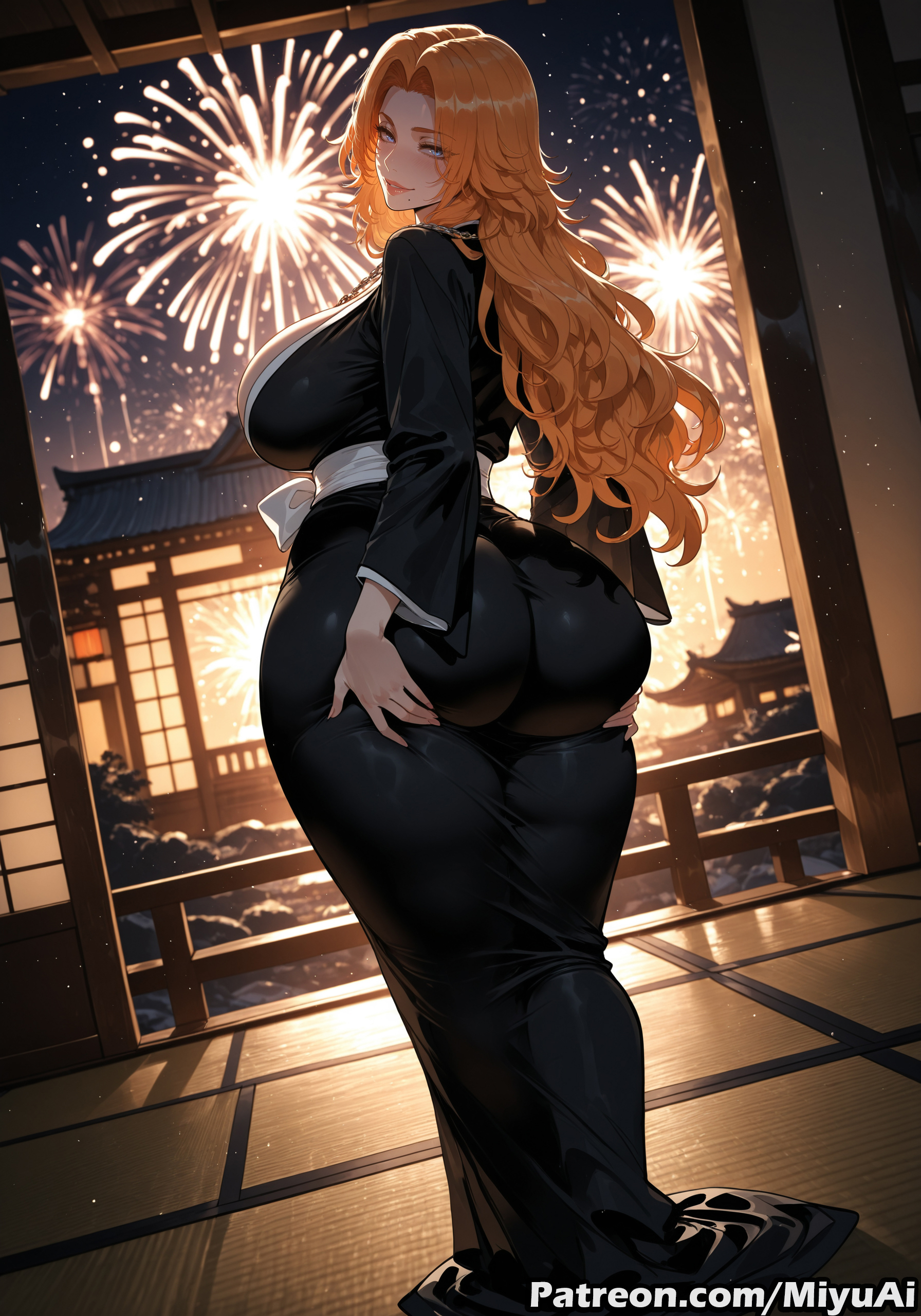 1girl, ai assisted, ai generated, bleach, blonde hair, blush, breasts, cleavage, curvaceous, curvy, curvy female, curvy figure, female, female only, fireworks, huge breasts, japanese clothes, jewelry, kimono, long hair, looking at viewer, lying, matsumoto rangiku, mature female, milf, miyuai, mole, mole under eye, mole under mouth, necklace, night, night sky, plump, plump ass, rangiku matsumoto, sky, solo, star (sky), thick, thick ass, thick butt, thick hips, thick legs, thick thighs, voluptuous, voluptuous female, wide hips, wide thighs