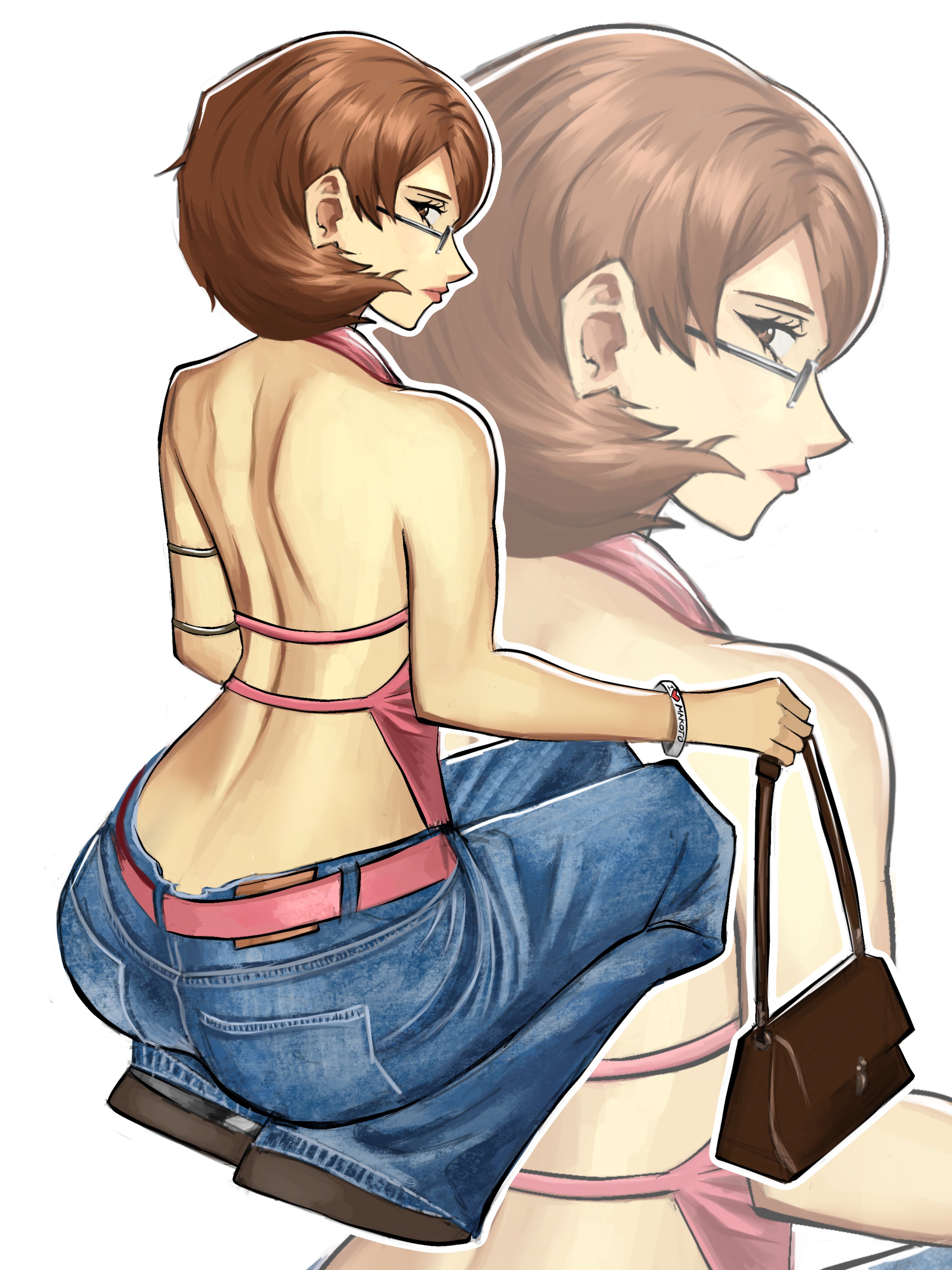 1girls, 2d, arched back, asian, asian female, atlus, back view, bare back, bare shoulders, big ass, brown hair, chaosoded, crouching, crouching female, female, female only, glasses, hourglass figure, hourglass figured female, jeans, large ass, looking at viewer, looking back, medium hair, persona, persona 3, persona 3 reload, simple background, sleeveless shirt, slim waist, tagme, teenage girl, teenager, thick thighs, tight clothes, tight fit, video game character, white hair, wide hips, yukari takeba