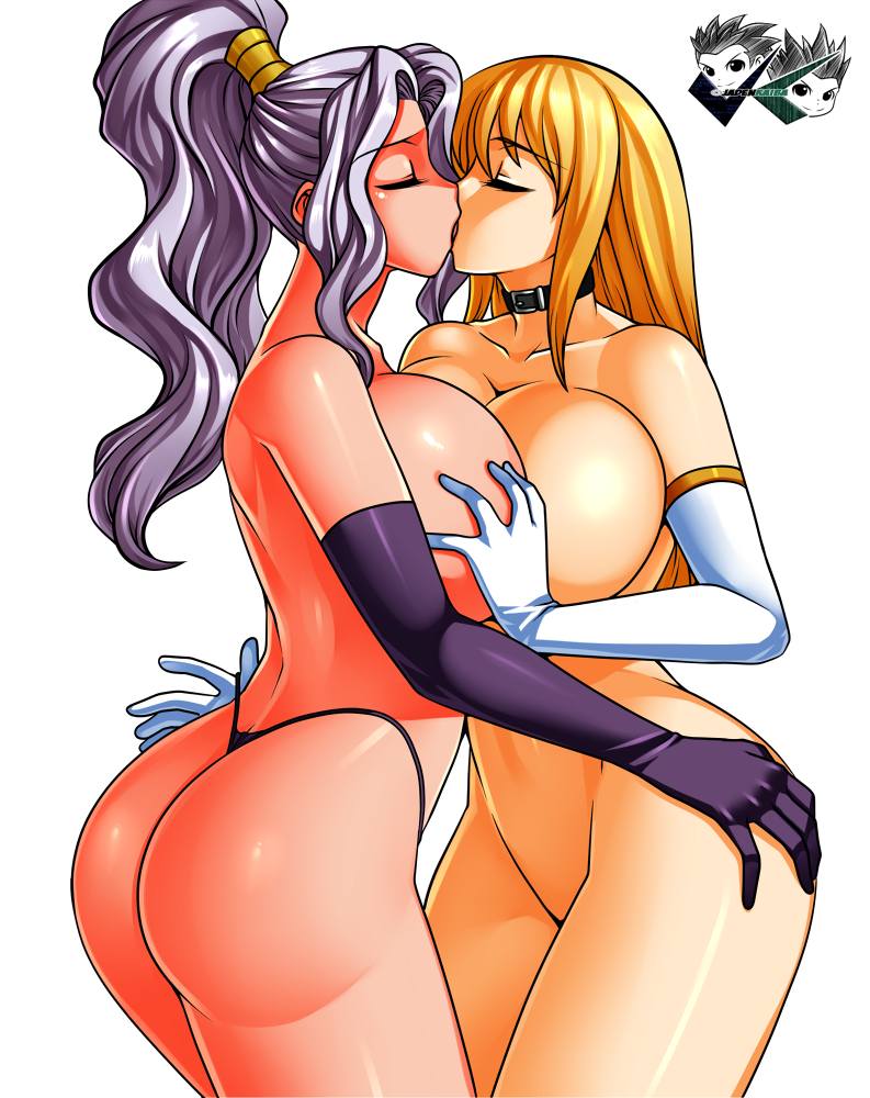 2girls ass blonde_hair breast_grab breasts celes_chere closed_eyes crossover elbow_gloves female final_fantasy final_fantasy_vi g-string gloves high_ponytail huge_breasts jadenkaiba jeane kissing konami long_hair multiple_girls nude panties pink_hair ponytail sideboob silver_hair simple_background square_enix standing suikoden suikoden_v symmetrical_docking thong tied_hair topless white_background yuri