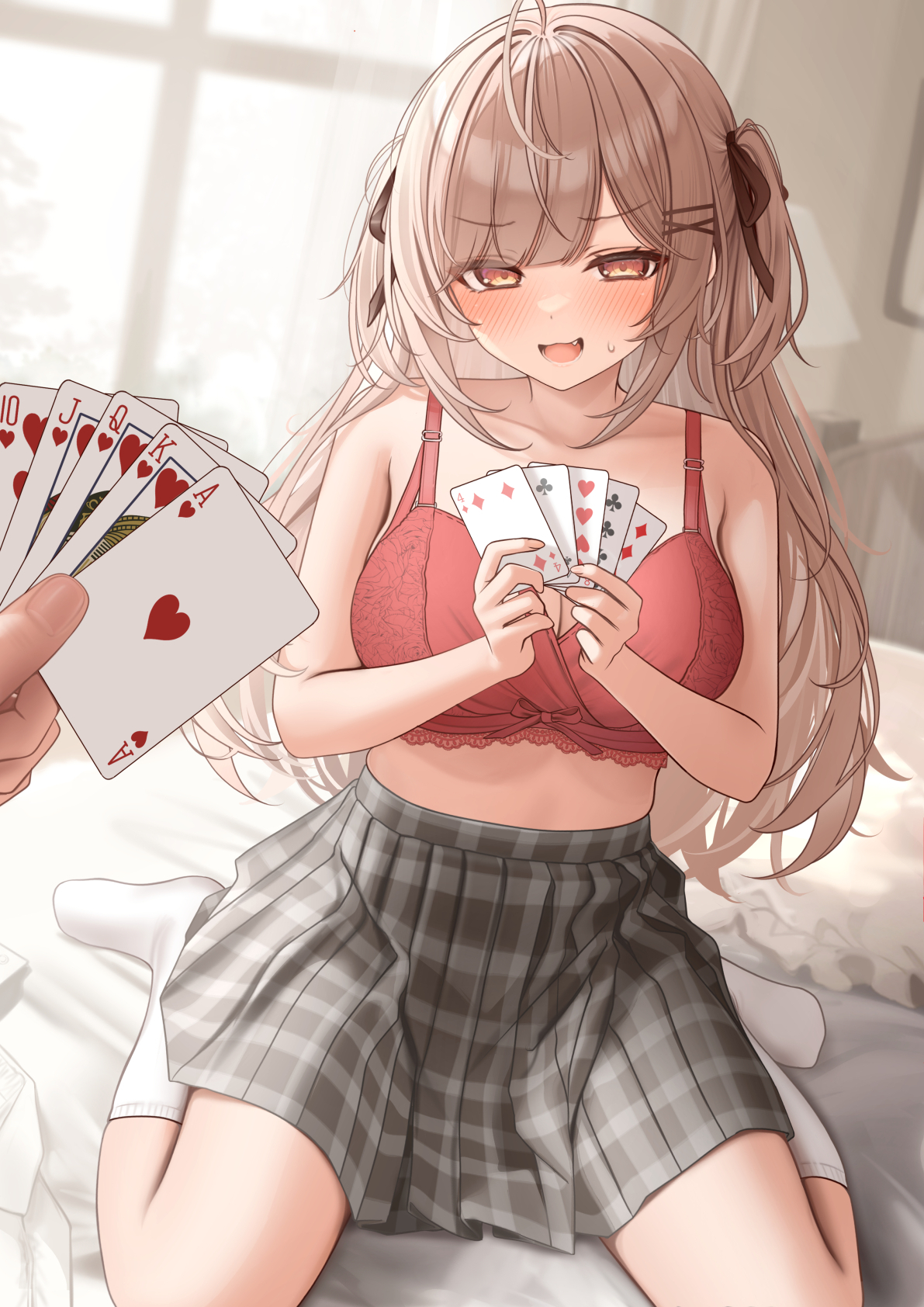 1girl, black ribbon, blush, bra, breasts, brown eyes, brown hair, card, commentary request, dutch angle, grey skirt, hair ribbon, highres, indoors, medium breasts, monaka curl, on bed, open mouth, original, paid reward available, plaid clothes, plaid skirt, playing card, pleated skirt, pov, pov hands, red bra, ribbon, royal flush, sitting, skirt, socks, solo focus, strip game, strip poker, two side up, underwear, wariza, white socks