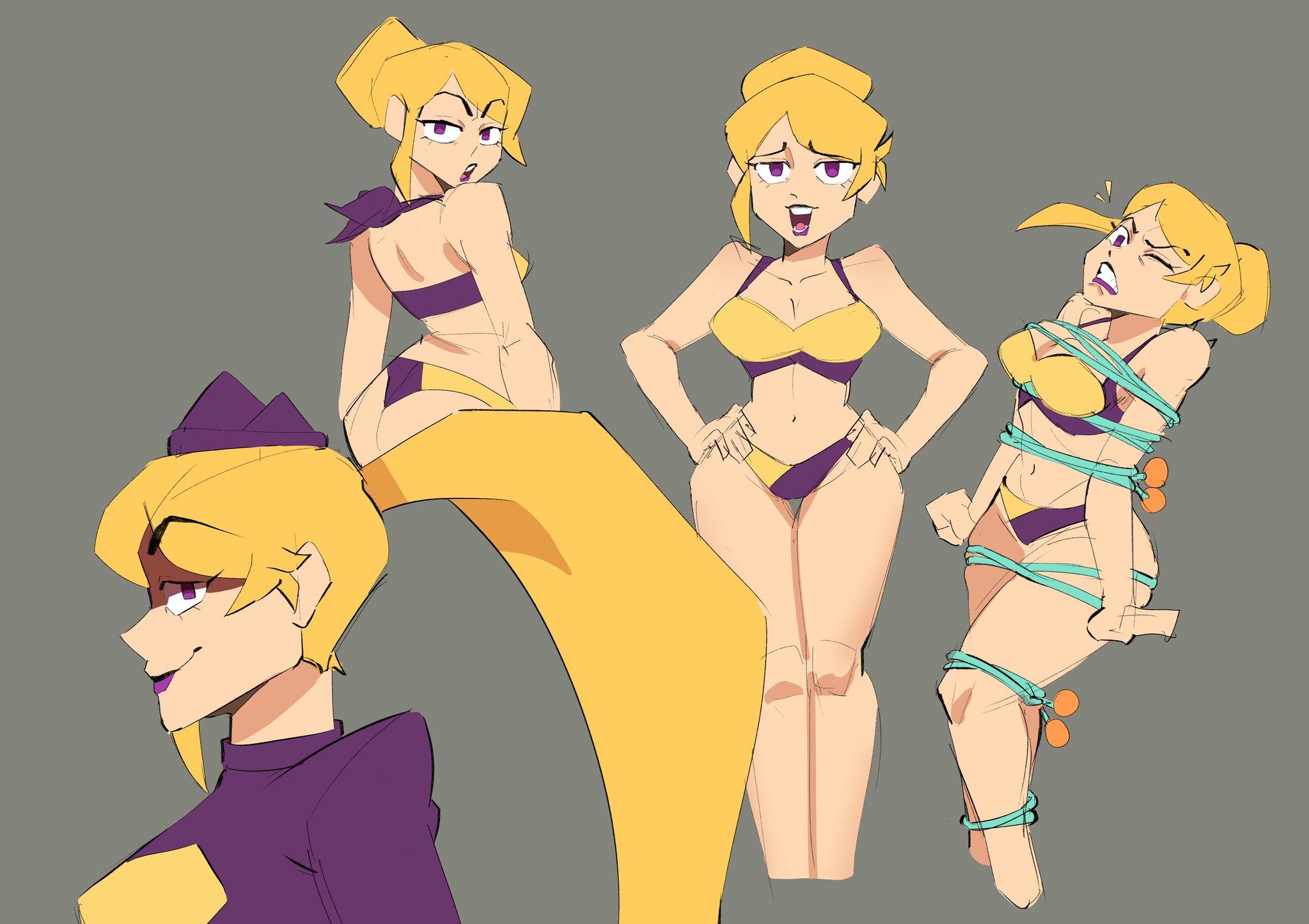1girls, ass, belly button, bikini, bikini bottom, bikini top, blonde, blonde female, blonde hair, blonde hair female, blonde-haired female, bondage, breasts, demokuma, female, female focus, female only, gameoverse, glitch productions, hair bun, lipstick, miss information (gameoverse), navel, ponytail, purple eyes, purple lipstick, smug, smug expression, smug face, smug smile, solo, swimsuit, thighs, tummy, two-piece swimsuit, uniform, uniform female, uniform top