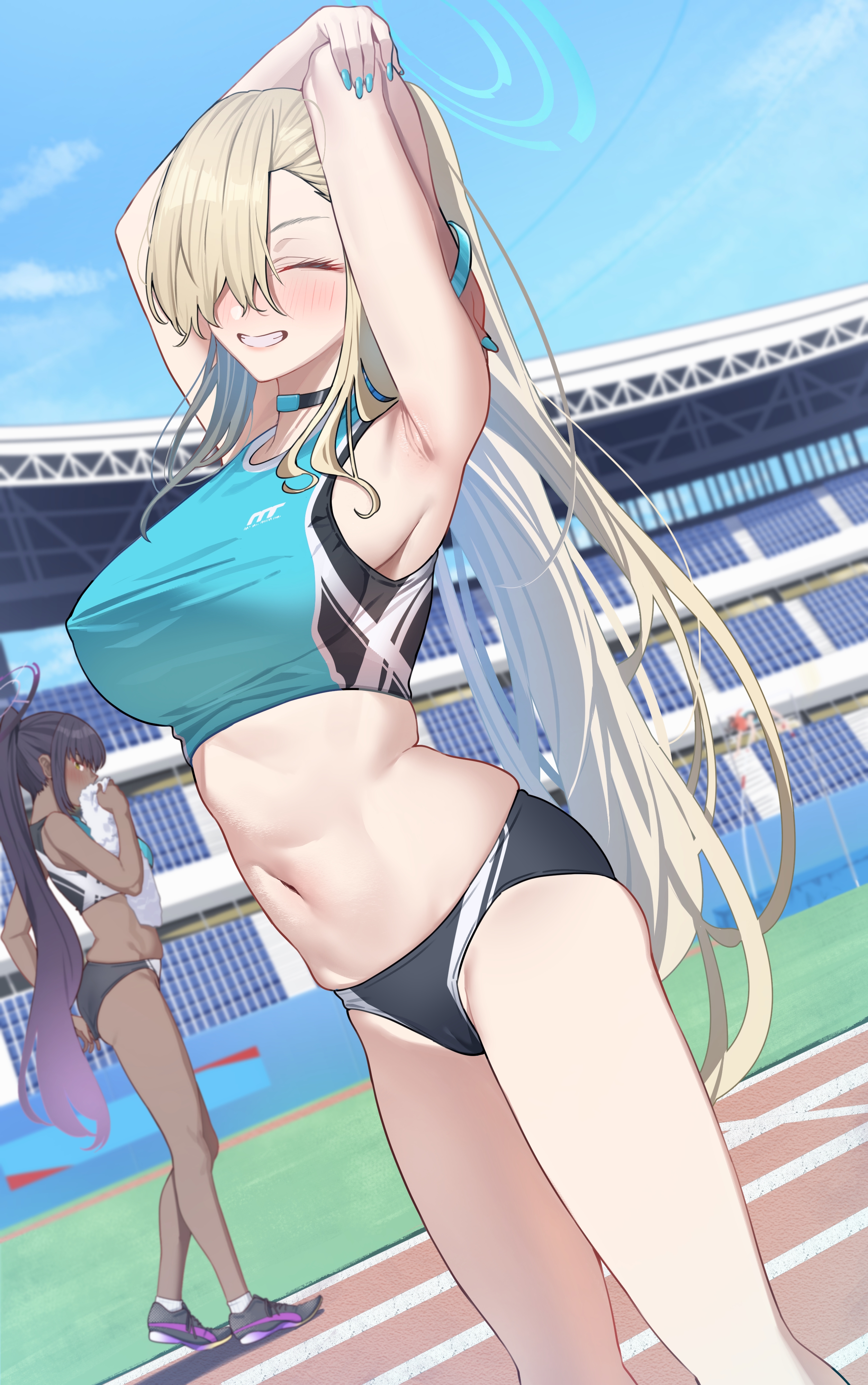 2girls, adjusting buruma, armpit crease, armpits, asuna (blue archive), asymmetrical bangs, black buruma, black hair, black shoes, black sneakers, bleachers, blonde hair, blue archive, blue sports bra, bracelet, breasts, buruma, buruma pull, character focus, character in background, choker, closed eyes, closed mouth, cloud, cowboy shot, dark skin, dark-skinned female, day, daytime, ears, female, female focus, female only, fingers, forehead, gradient hair, grass, grass field, hair over one eye, halo, holding, holding towel, karin (blue archive), large breasts, looking aside, millennium science school logo (blue archive), multicolored hair, multicolored shoes, multicolored sports bra, nail polish, navel, outdoors, ponytail, portrait, purple hair, ramanda, running track, shoes, sky, smile, sneakers, sports bikini, sports bra, sportswear, stadium, stadium background, standing, stretching, teeth, towel, track uniform, very high resolution, very long hair, yellow eyes