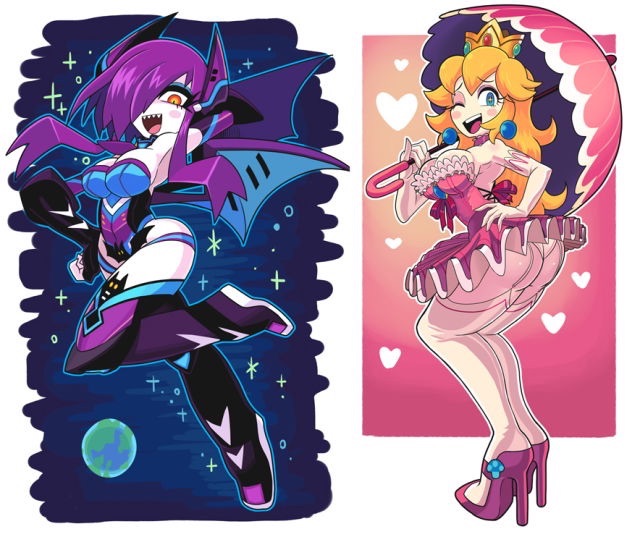 <3, 2015, 2girls, ass, blonde hair, blue eyes, boots, breasts, character request, cleavage, elbow gloves, female, female only, garter, gashi-gashi, high heels, mario (series), multiple females, multiple girls, nintendo, orange eyes, princess peach, purple hair, stockings, umbrella, wings, wink
