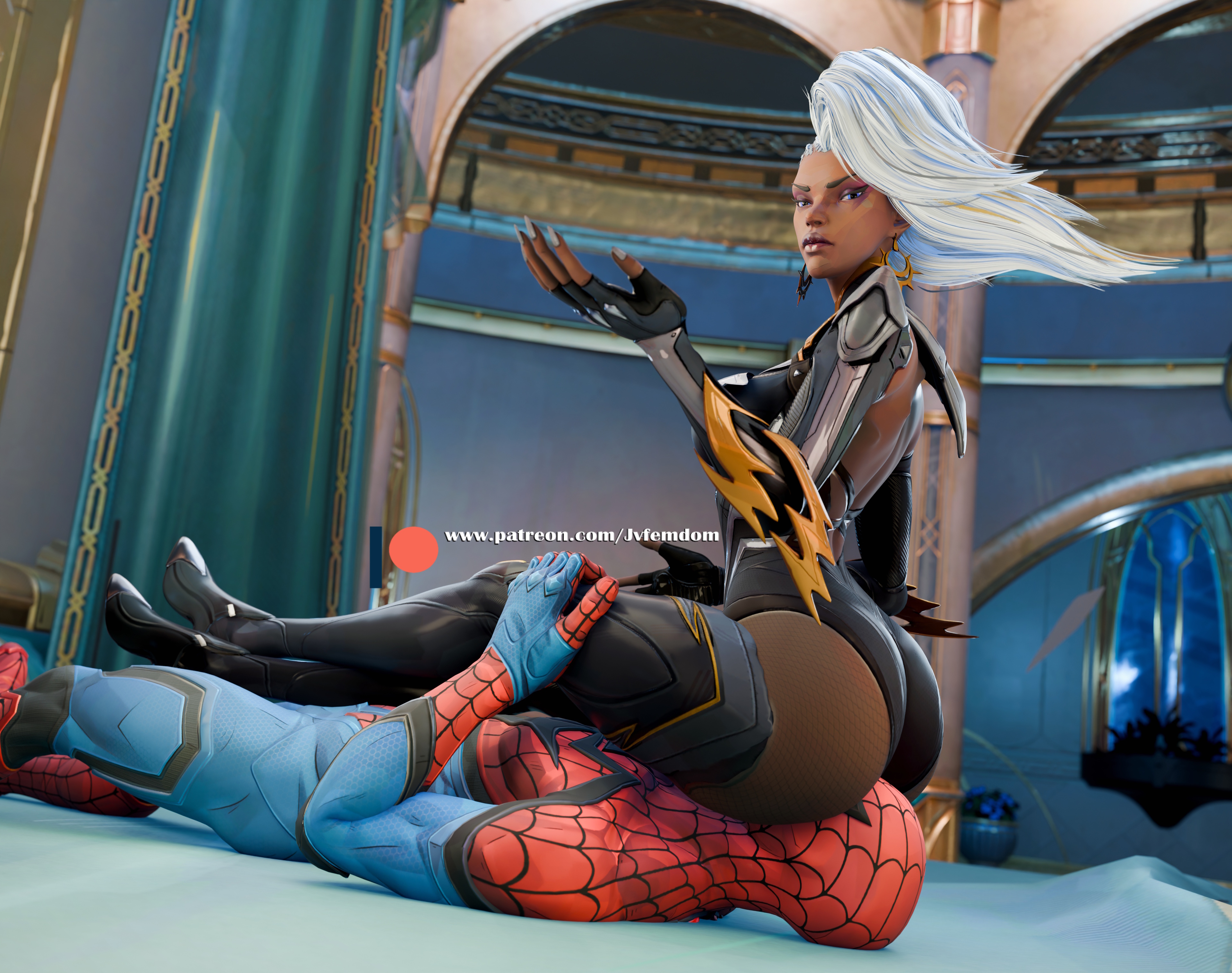 , 1boy, 1girl, 1girls, 3d, absurd res, arrogant, ass, ass bigger than head, ass up, baddie, beaten, big ass, blender, blonde hair, catfight, choking, clothed, clothed female, defeated, dominant, dominant female, domination, dominatrix, facesitting, female, female domination, female/male, femdom, fully clothed, helpless, highres, humiliated, humiliating, humiliation, jpeg, jvfemdom, knee boots, leg choking, legs, light skin, light-skinned female, light-skinned male, looking pleasured, low-angle view, male, male on female, male/female, marvel, marvel comics, marvel rivals, mixed wrestling, muscle mommy, muscles, muscular, muscular female, muscular thighs, non-nude, peter parker, pinned, pinned down, round ass, round butt, sadism, sadistic, sadistic female, sitting, sitting on another, sitting on face, sitting on person, smile, smirk, smug, smug face, smug grin, spider-man, spider-man (marvel rivals), spider-man (series), storm (marvel rivals), storm (x-men), straight, submission, submission hold, submissive, suffocation, superhero, superheroine, thick thighs, thigh choking, utter domination