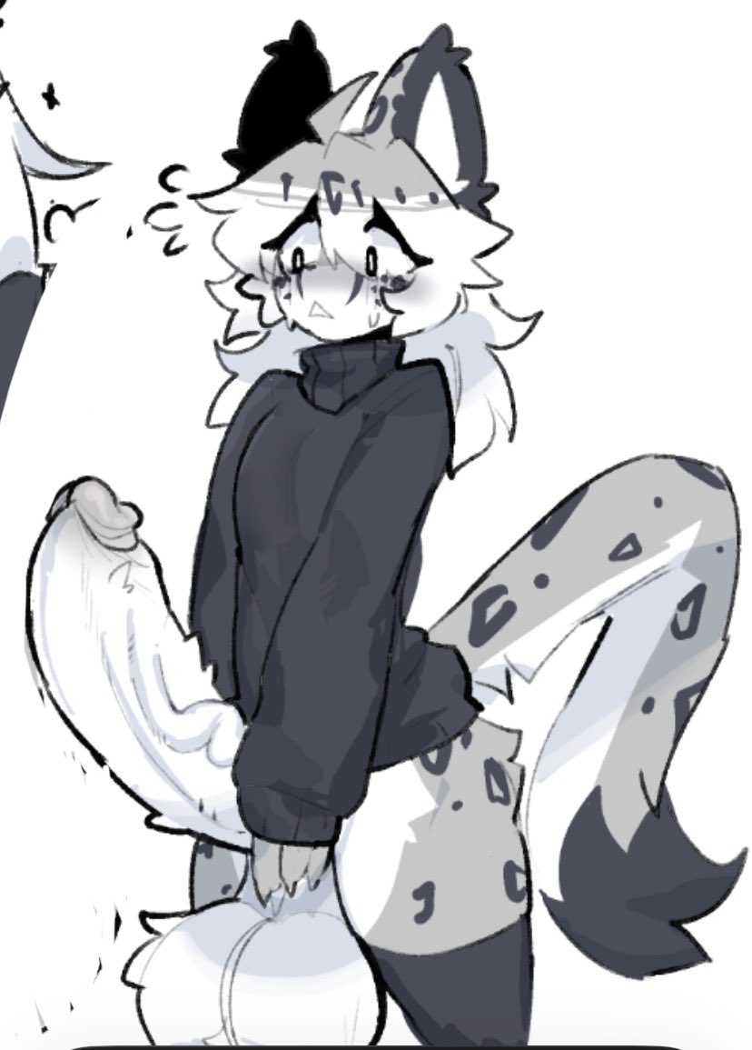 balls, big ears, big penis, blush, bottomless, fluffy balls, fluffy penis, furry, grey fur, grey hair, huge balls, hung femboy, leo (shiyaa stuff), long hair, male only, mouth open, penis, shiyaa stuff, snep, snow leopard, solo, spotted fur, sweat, tagme, turtleneck sweater, twink, white hair, worshipable balls