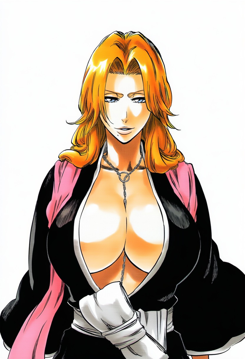 1girls, accurate art style, accurate body type, ai generated, between breasts, big breasts, black kimono, bleach, blue eyes, breasts, busty, cel shading, center opening, chain necklace, chains, cleavage, clothed, clothing, collarbone, facing viewer, female, female focus, female only, front view, hair over shoulder, haori, highres, japanese clothes, jewelry, kimono, large breasts, light skin, light-skinned female, line art, long hair, looking at viewer, manga style, matsumoto rangiku, mature female, mole, mole under mouth, necklace, neutral expression, no bra, orange hair, parted lips, pink scarf, portrait, sash, scarf, shawl, shihakusho, shinigami, shiny hair, shiny skin, simple background, smile, smirk, solo, solo focus, standing, tite kubo style, traditional clothes, upper body, wavy hair, white background, white sash, wide sleeves