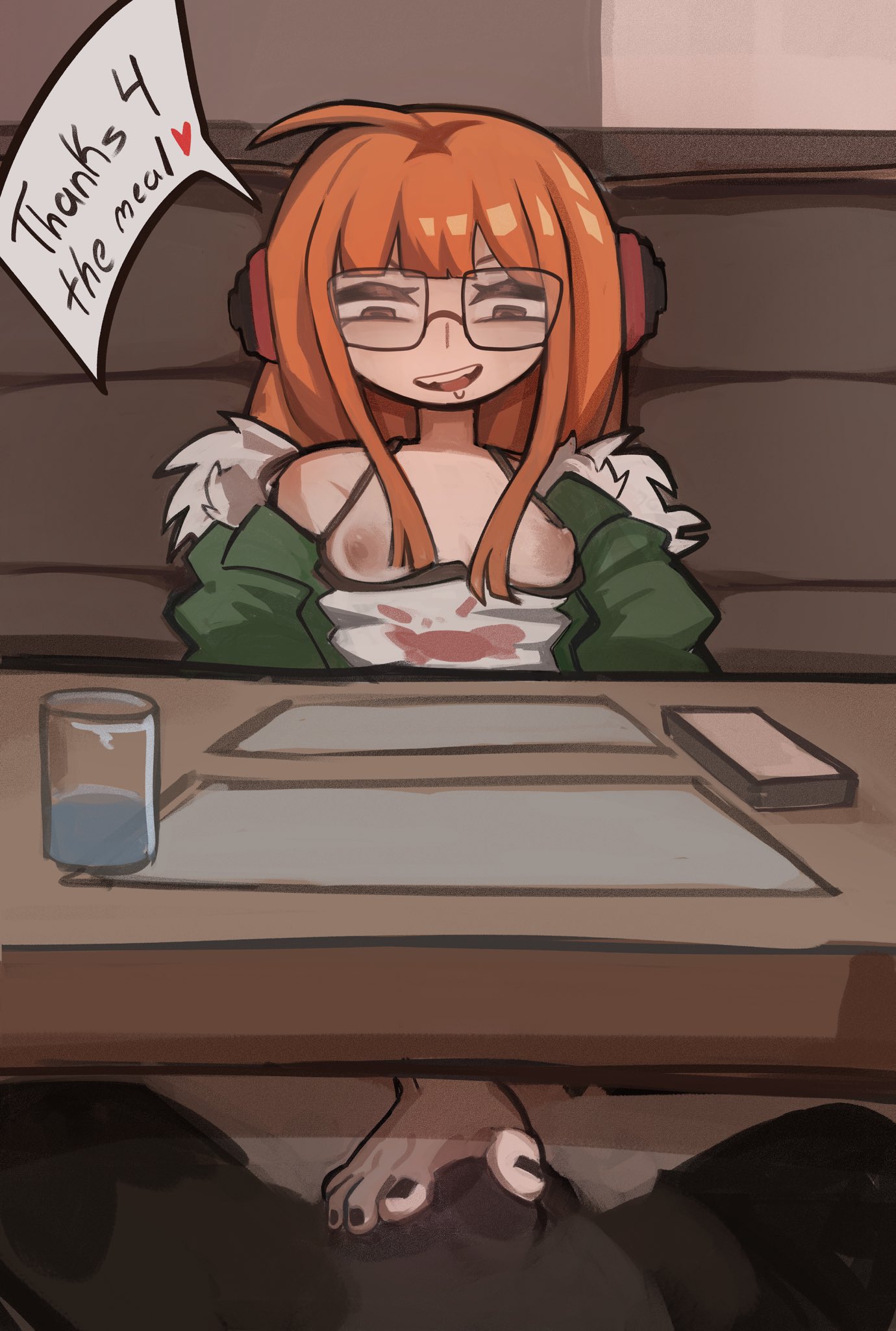 atlus, big nipples, chiararah, clothing, feet, feet focus, female, female focus, foot, foot fetish, footjob, glasses, long hair, nipples, orange hair, persona, persona 5, persona 5 royal, sakura futaba, sega, skinny girl, under the table