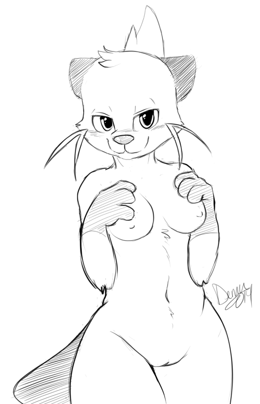 anthro blush breasts demu dewott female fur hair looking_at_viewer mammal monochrome mustelid navel nintendo nipples nude otter plain_background pokemon pokemon_(species) pussy solo standing video_games white_background