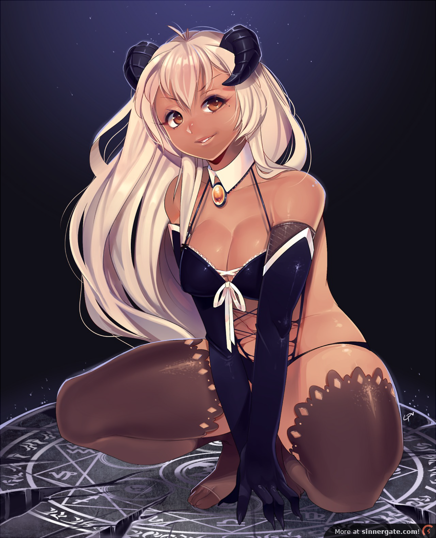 blonde_hair brown_eyes cleavage dark-skinned_female dark_skin demon demon_girl elbow_gloves female gloves horns lingerie long_hair loyproject mole smile solo squatting succubus thighhighs