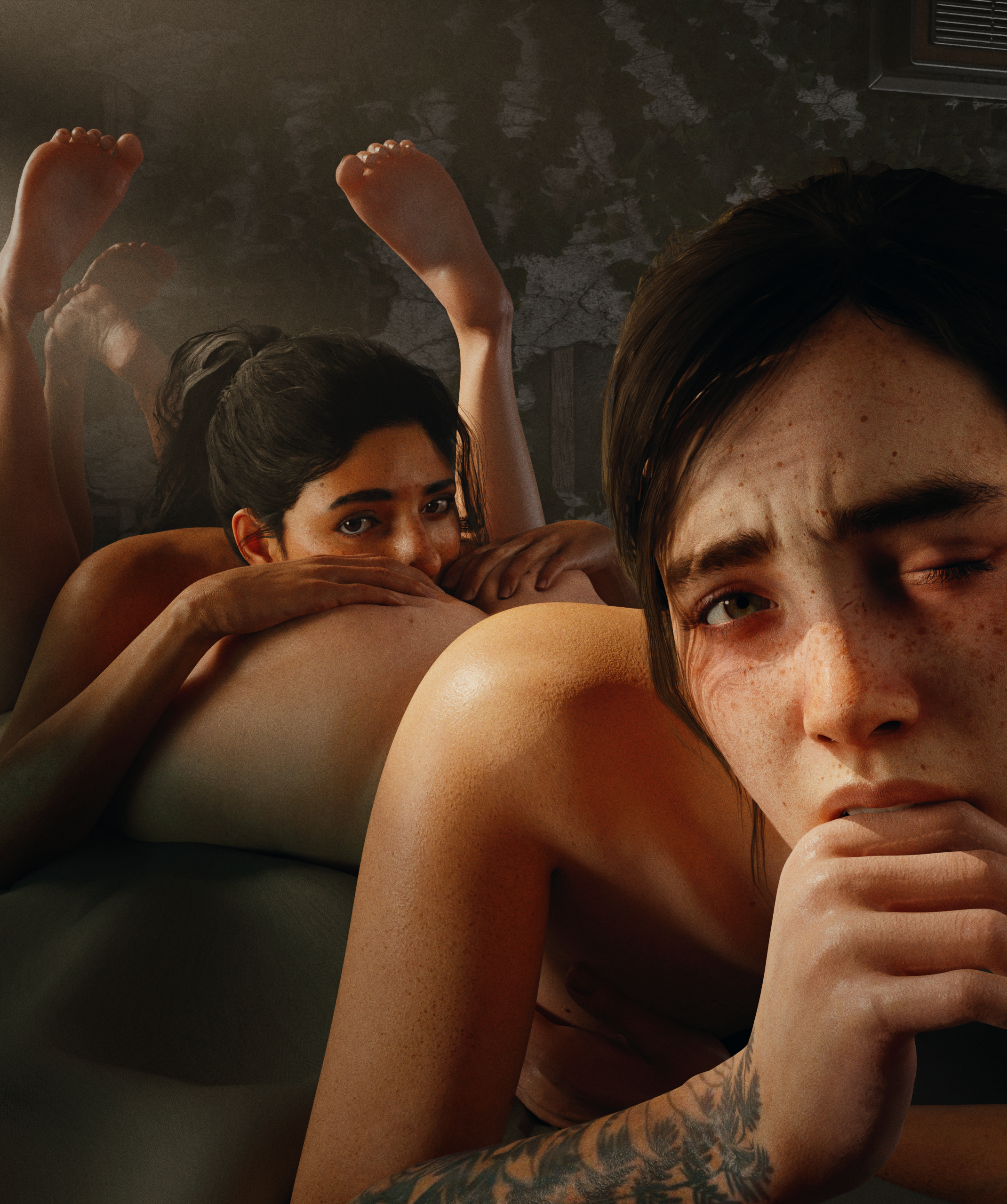 2girls, 3d, ass, barefoot, biting finger, black hair, brown hair, butt, canon couple, cunnilingus, dina (the last of us), eating ass, ellie (the last of us), ellie williams, eye contact, feet, feet up, freckles, lesbian, lying, lying on stomach, mothvld, nude, nude female, soles, tattoo, the last of us, the last of us 2, toes, yuri