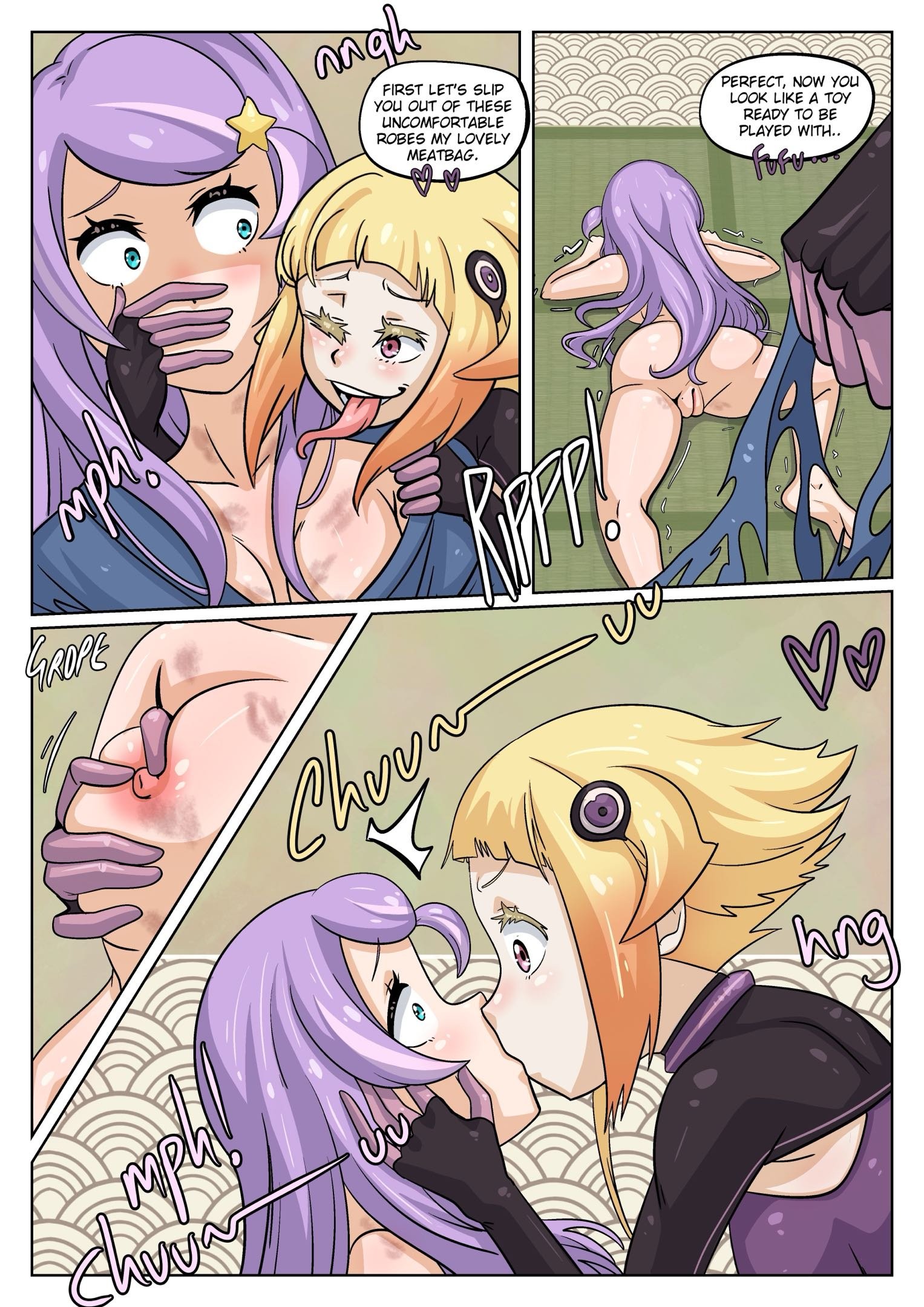 2girls, anastasia hoshin, blonde hair, breasts, capella emerada lugunica, feet, female, female only, groping, kissing, lesbian, long tongue, purple hair, pussy, re:zero kara hajimeru isekai seikatsu, tagme, tongue, tongue out, wacum