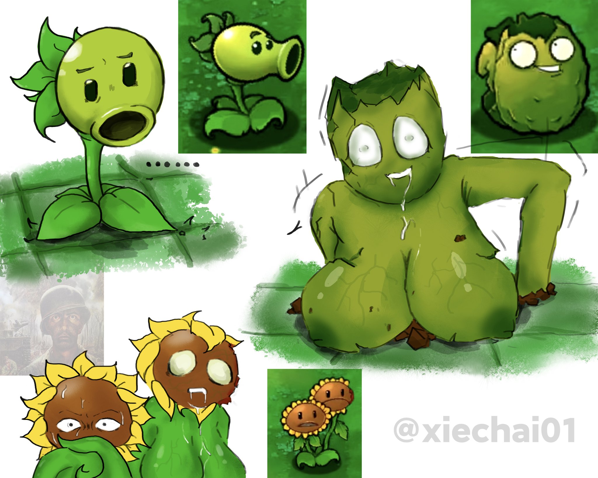 anthro, anthrofied, ass, bite mark, dorkly, electronic arts, female, female only, flora fauna, parody, peashooter (pvz), plant, plant humanoid, plantie, plants vs zombies, plants vs. zombies, popcap games, sunflower (pvz), thick thighs, thousand yard stare, twin sunflower (pvz), video game character, video games, wall-nut (pvz), xiechai01, zombie, zombie girl, zombification