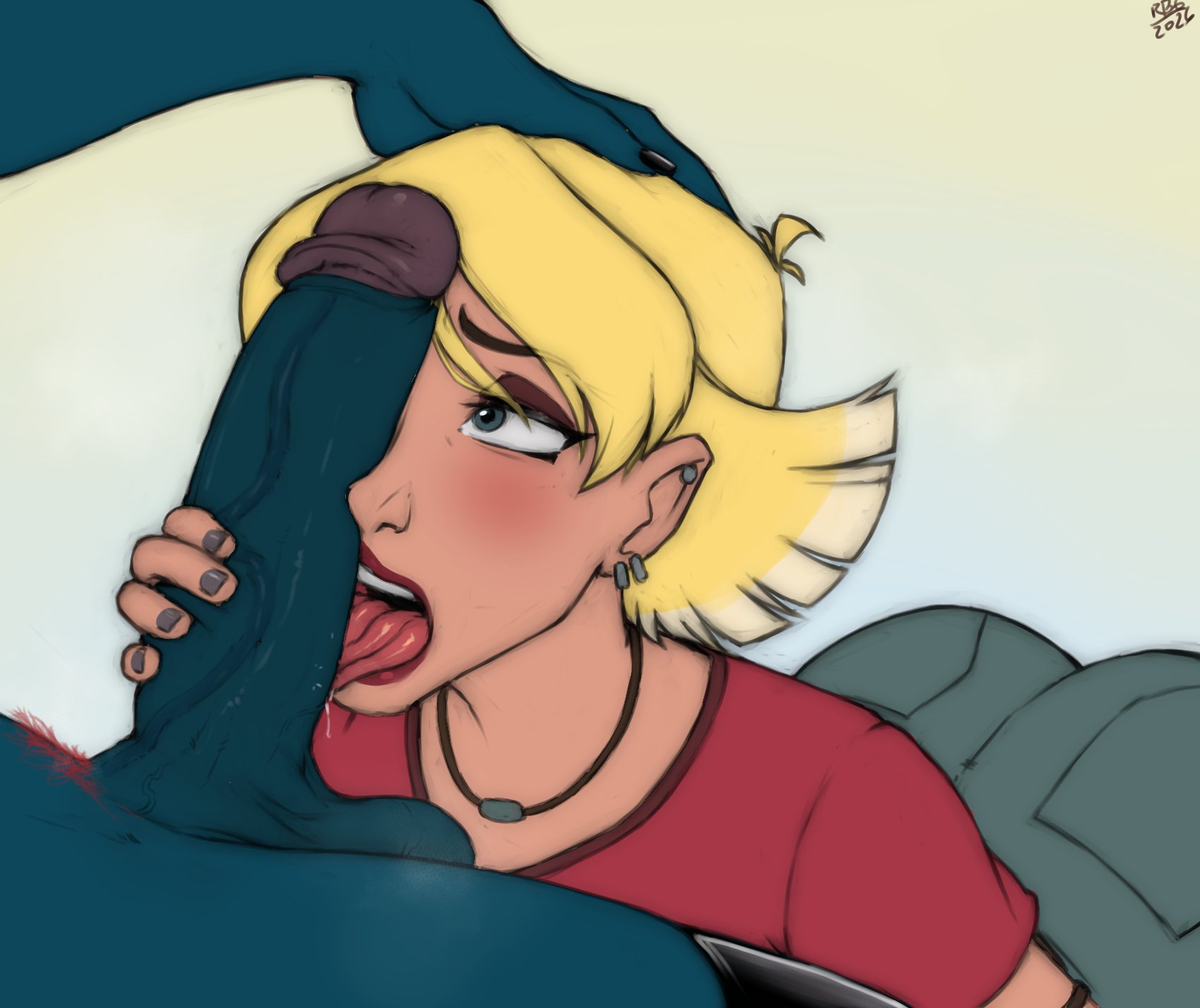 1boy, 1girls, big penis, blonde hair, blue skin, blush, boom-boom (x-men), earrings, female, female focus, hand on head, hi res, kurt wagner, licking, licking penis, light skin, light-skinned female, male, marvel, marvel comics, nightcrawler, open mouth, penis, penis on face, randomboobguy, tabitha smith, tongue out, x-men, x-men evolution