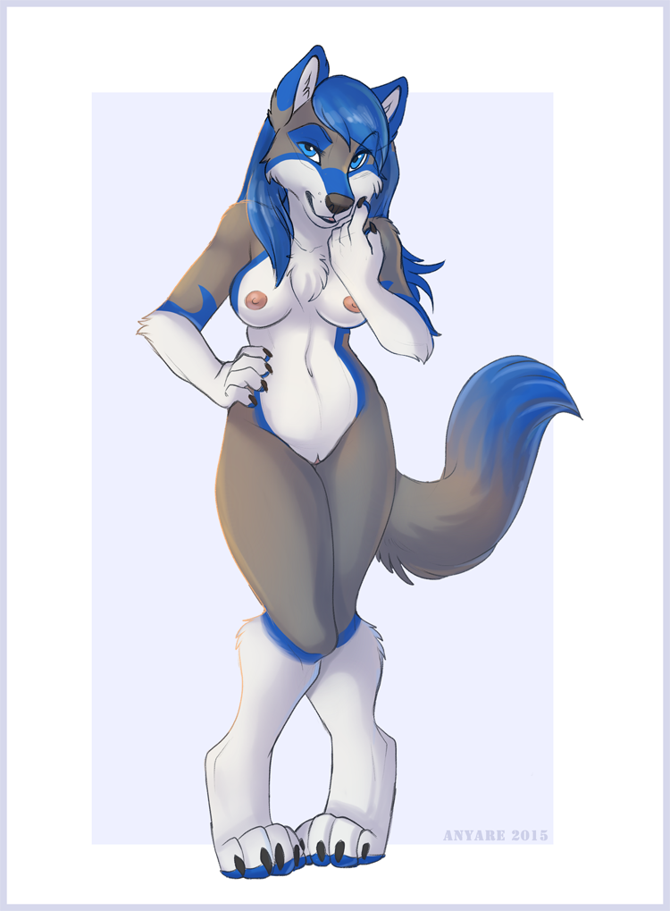 2015 anthro anyare blue_eyes blue_hair canine claws female hair looking_at_viewer mammal nude pussy solo wolf