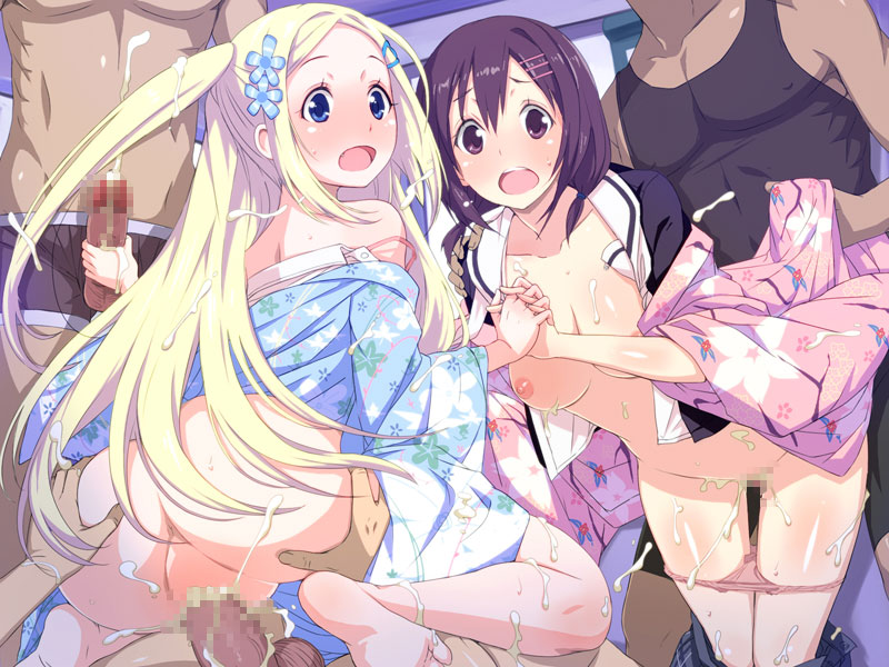 2girls areolae barefoot blonde_hair blue_eyes blush breasts censored cum feet gangbang hair_ornament hana_n._fountainstand hanayamata lolita_channel long_hair multiple_girls nipples open_clothes open_mouth penis purple_eyes purple_hair rape sekiya_naru straight