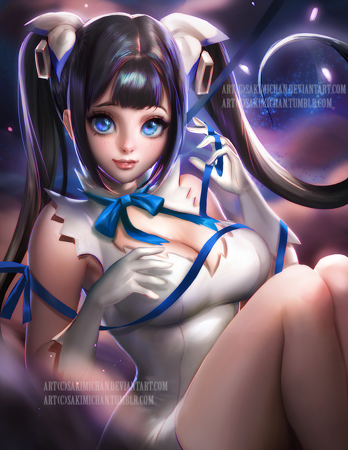 black hair, blue eyes, blush, cleavage, dress, dungeon ni deai wo motomeru no wa machigatteiru darou ka, female, gloves, hair ornament, hestia (danmachi), lace, looking at viewer, ribbon, sakimichan, sitting, solo, tied hair, twintails