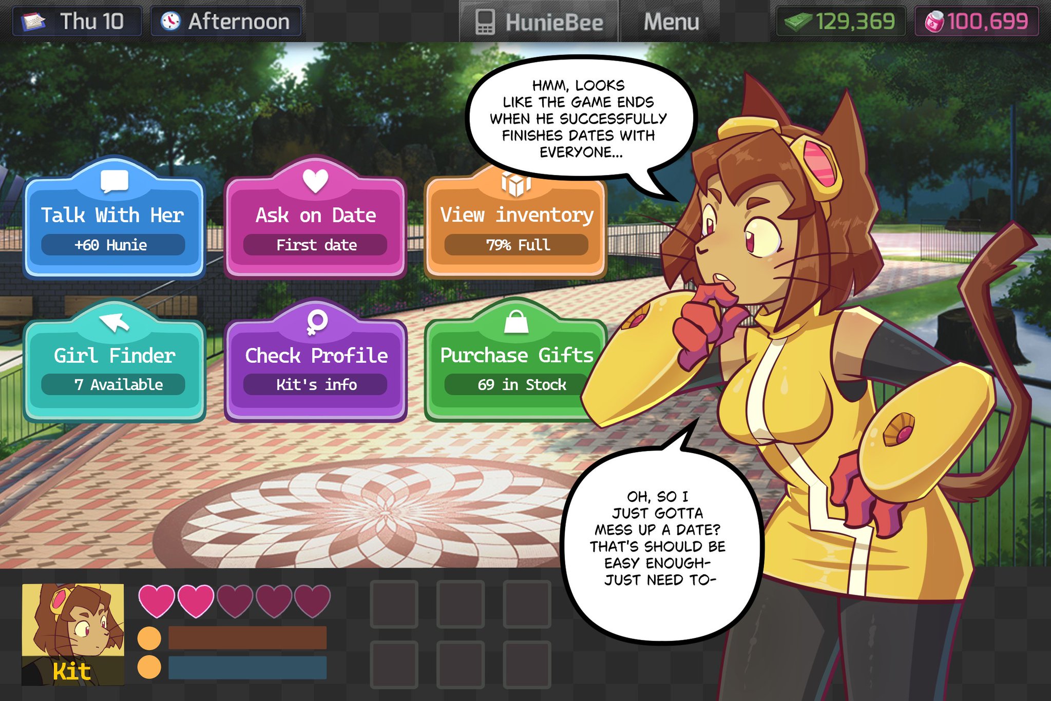 1girls, big breasts, brown hair, clothed, clothing, color, comic, comic page, crossover, dating sim, dialogue, english text, female, female focus, female only, gameoverse, gameplay mechanics, gem, hand on hip, huniepop, inkdencomics, inkyoh , kit (gameoverse), kit bodega, park, park bench, porn game, puzzle, sex, solo, speech bubble, text, trees, twitter link