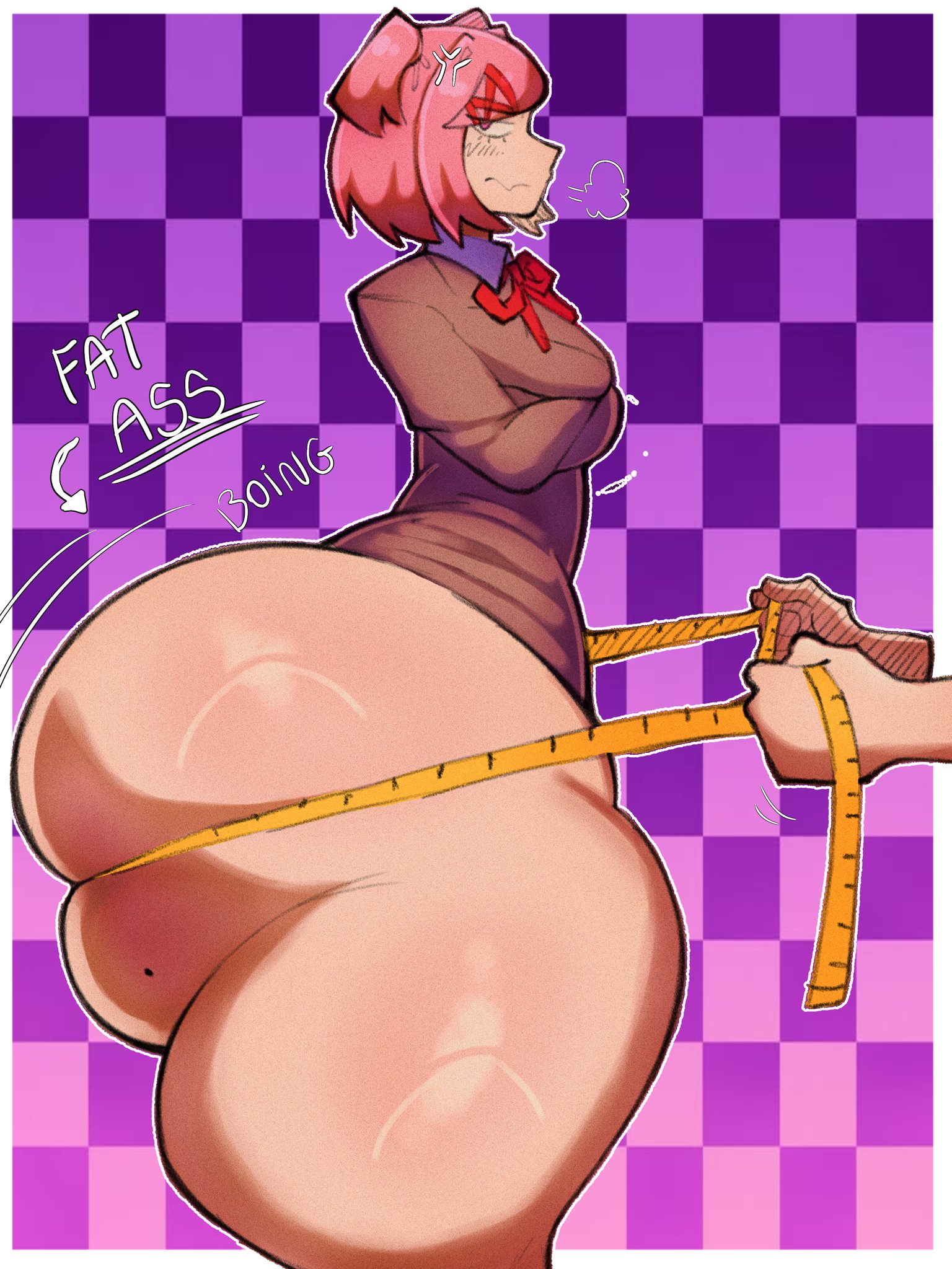 1girl, 1girls, 1human, 2d, 2d (artwork), anger vein, anime, anime girl, annoyed, arrow, arrow (symbol), arrow pointing to ass, arrow pointing to butt, ass, ass bigger than head, ass focus, big ass, big butt, blush, blush lines, blushing, blushing female, bottom heavy, bottom heavy female, bottomless, bottomless female, breasts, butt, butt bigger than head, butt focus, clothed, clothed female, color, cross vein, crossed arms, doki doki literature club, english, english text, fat ass, fat ass female, female, female ass, female ass focus, female butt, female focus, female only, girl ass, gluteal fold, huge ass, huge butt, human, human female, human only, large ass, large butt, legs, light skin, light-skinned female, luizinbk, measuring, measuring ass, motion lines, natsuki (doki doki literature club), pale skin, pale-skinned female, pink hair, pout, side view, skindentation, small breasts, solo, solo female, solo focus, standing, text, thick legs, thick thighs, thighs, thighs bigger than head, thunder thighs, video game character, video games
