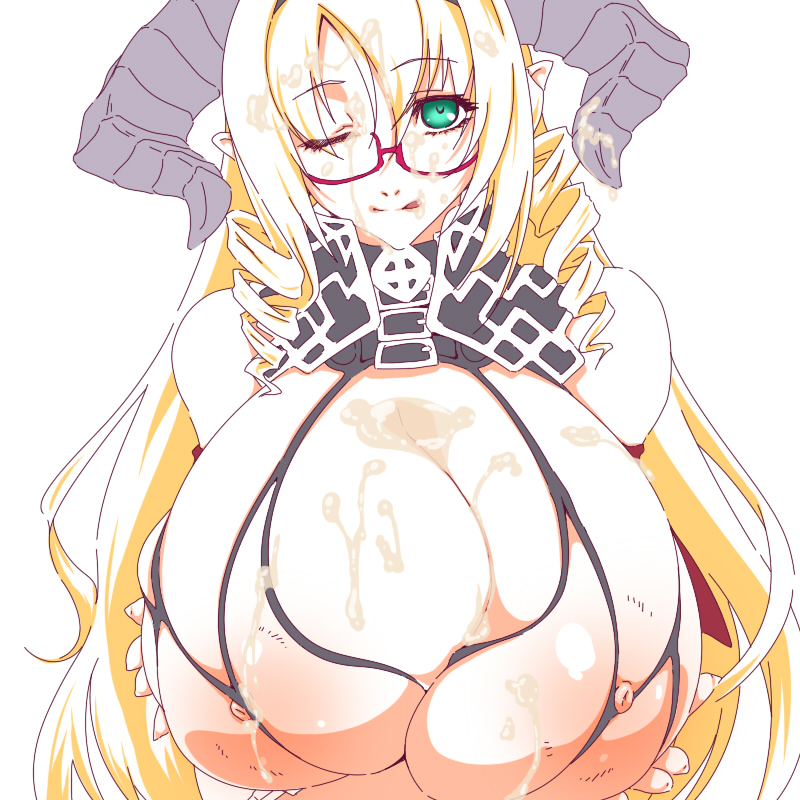 :q bare_shoulders blonde_hair breasts cum cum_on_breasts facial female female gigantic_breasts glasses green_eyes horns long_hair mnjs nipples pointy_ears skindentation solo tongue tongue_out wink