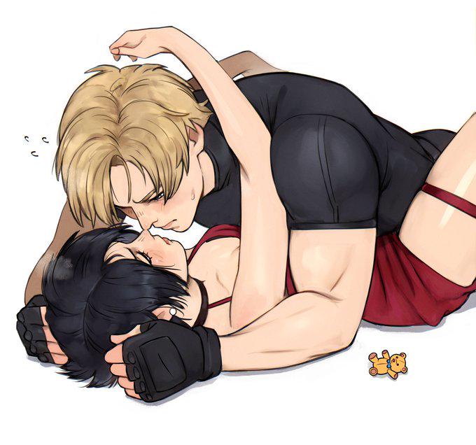 1boy, 1boy1girl, 1girls, ada wong, black hair, brown hair, cleavage, clothed, clothed female, clothed male, fingerless gloves, human, human on human, human only, interracial, leon scott kennedy, light skin, light-skinned female, light-skinned male, male, male/female, mammal, mature, mature female, mature male, passionate, resident evil, straight, wholesome