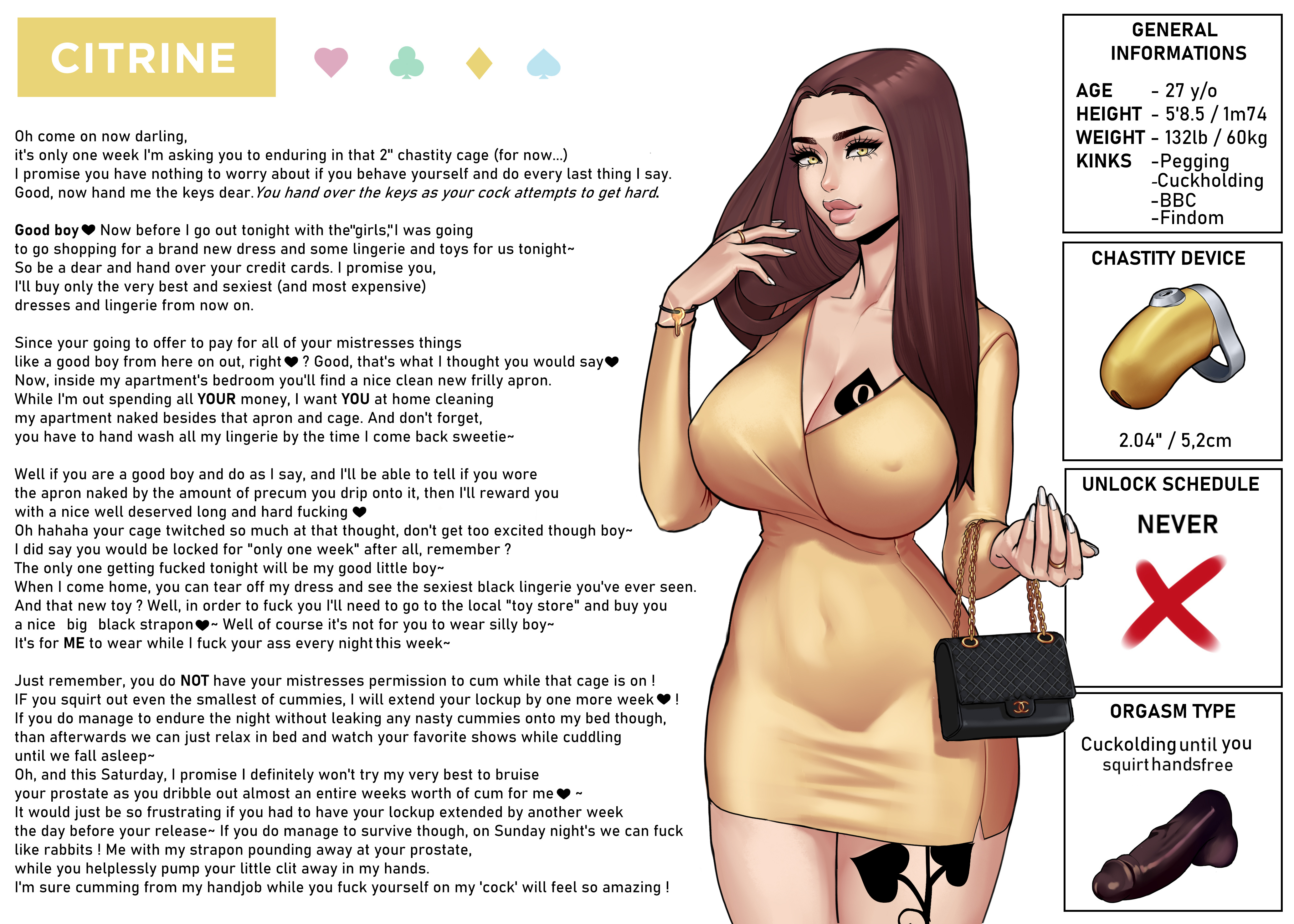 chastity cage, chastity device, chastity key, citrine (ocubze), cleavage, cuckold, edit, english text, female, female only, femdom, keyholder, nail polish, otto cubze, painted fingernails, painted nails, qos, queen of spades, tagme, text, third-party edit