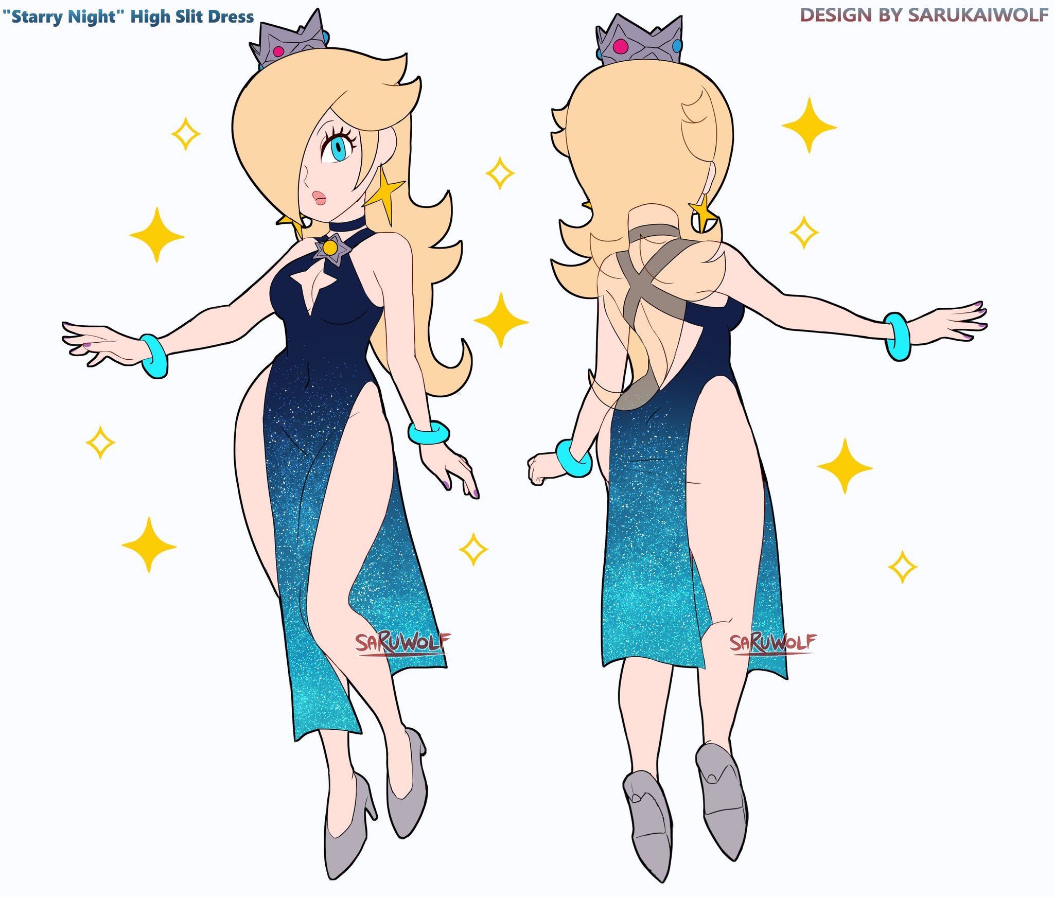 ass, back view, blonde female, blonde hair, boob window, boobs, breasts, double slit dress, earrings, female, female only, heels, high slit dress, lipstick, mario (series), no bra, no panties, princess rosalina, sarukaiwolf, star earrings, starry night dress (sarukaiwolf), super mario galaxy, thick thighs, thighs, woman