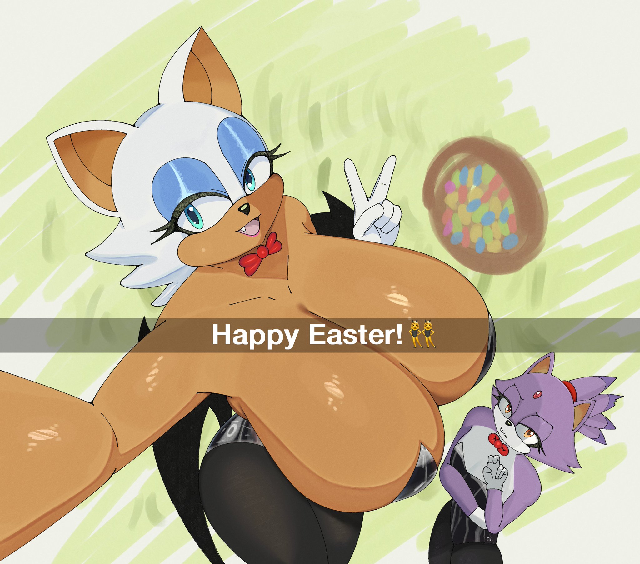 2girls, basket, big boobs, big breasts, big tits, blaze the cat, bunnysuit, easter, easter egg, easter eggs, female, female only, flat chest, flat chested, grass, large female, looking at viewer, mylifeamovie, peace sign, purple fur, rouge the bat, selfie, sonic (series), sonic the hedgehog (series), tall female, white fur
