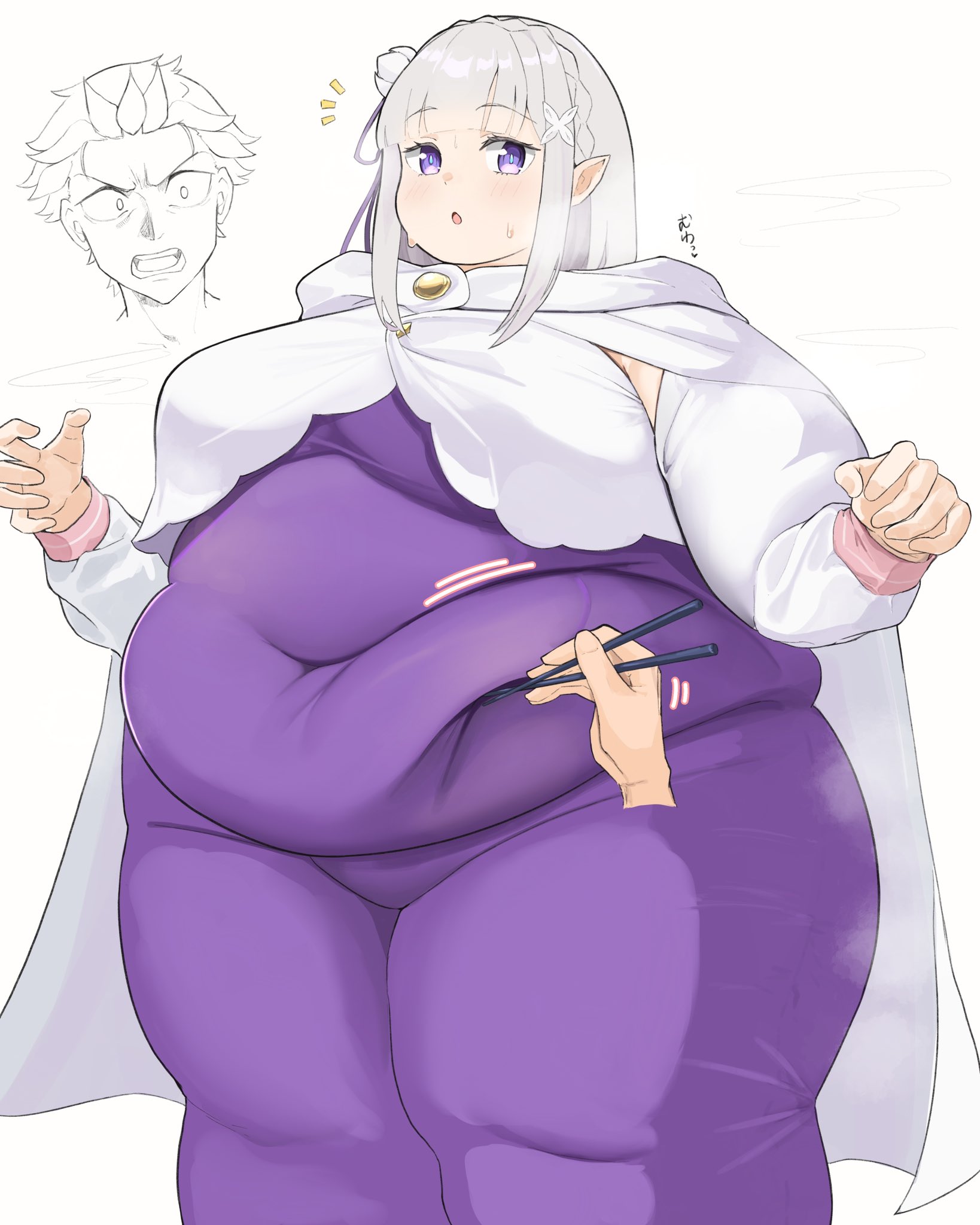 1girls, 7sufyfhysfsdkn0 (artist), bbw, belly, belly bulge, belly folds, belly grab, belly overhang, blushing, chubby, chubby female, elf, elf female, emilia (re:zero), fat female, half elf, huge belly, natsuki subaru, obese, obese female, offscreen character, overweight, purple eyes, re:zero kara hajimeru isekai seikatsu, reid astrea (re:zero), simple background, surprised, sweat, thick thighs, tight clothing, weight gain, white hair