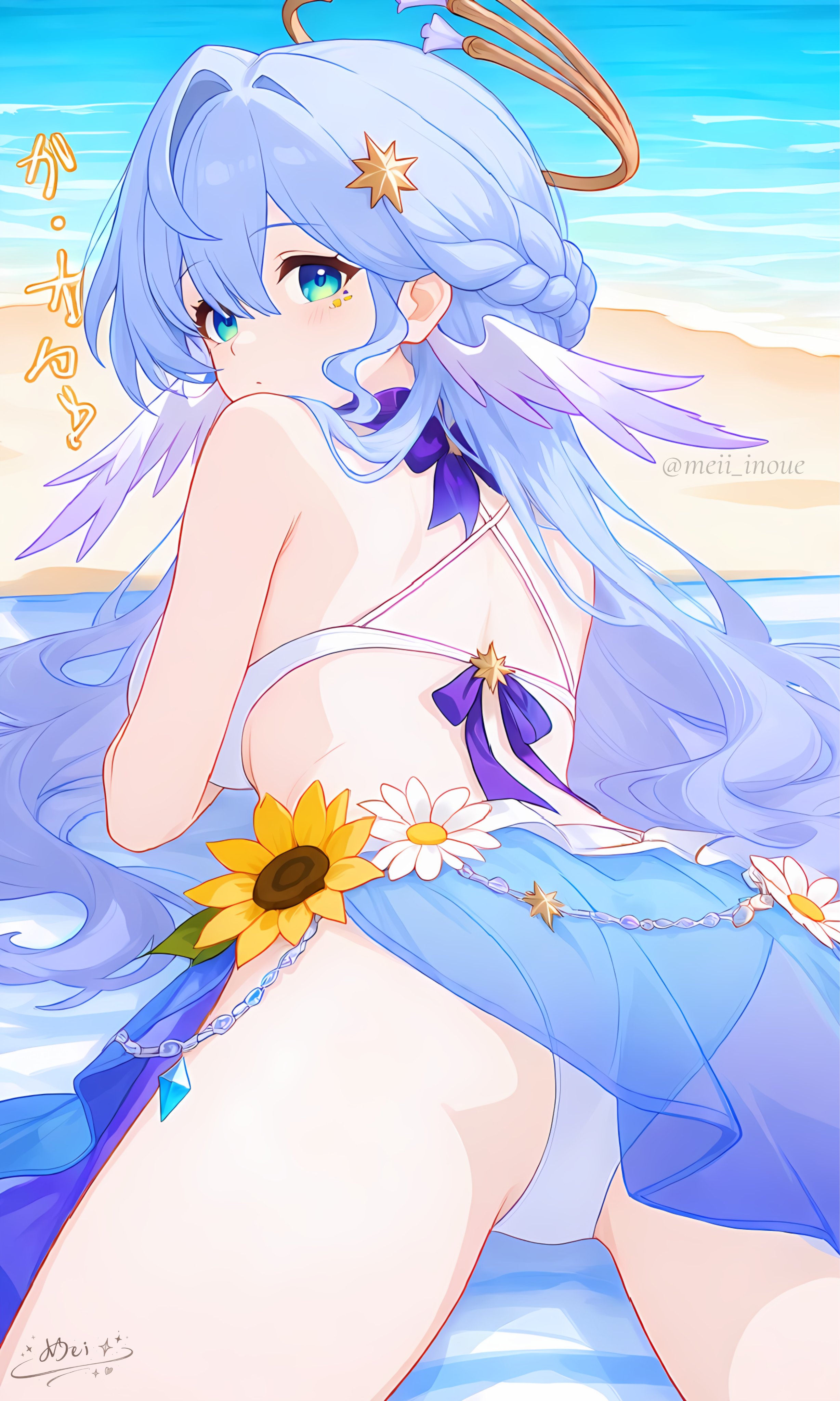 1girls, 2d, 2d (artwork), alternate costume, aqua eyes, artist request, back, back view, beach, beach background, beatiful girl, blue hair, blush, female, female focus, female only, flowers, head wings, high resolution, highres, honkai: star rail, hoyoverse, light skin, light-skinned female, long hair, looking at viewer, looking back, looking back at viewer, lying, mihoyo, mihoyo technology (shanghai) co. ltd., ocean, robin (honkai: star rail), robin (summeretto) (honkai: star rail), sand, solo, solo focus, star (symbol), swimsuit, white bikini, white bikini bottom, white bikini top, white swimsuit, young, younger female