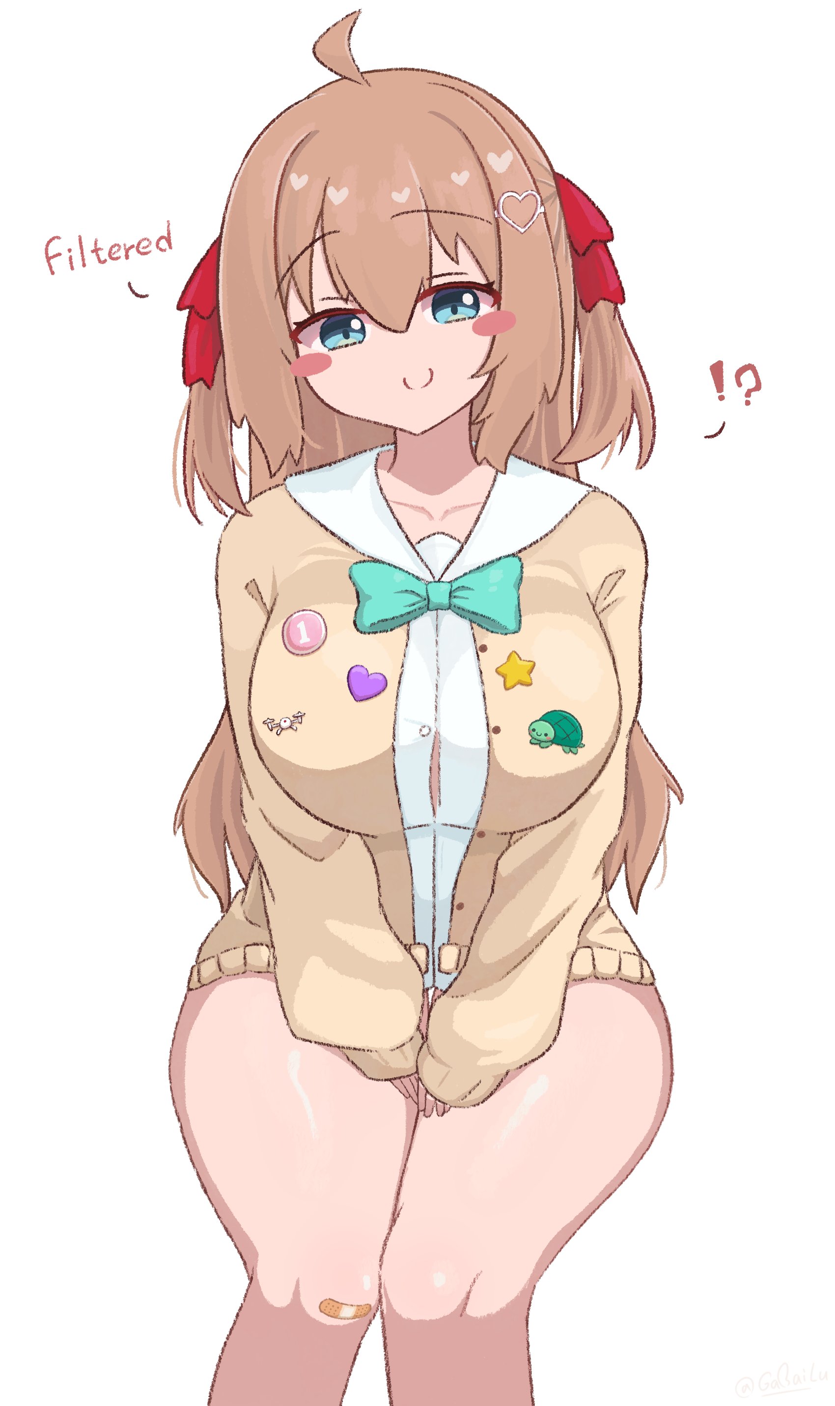 big boobs, big breasts, gabai, hair ornament, indie virtual youtuber, neuro-sama, no pants, thick thighs, unbuttoned, unbuttoned shirt, virtual youtuber, vtuber