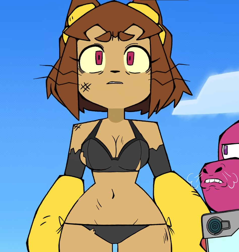 1boy, 1girl, bra, breasts, catgirl, edited, female, furry, gameoverse, glitch productions, gobbles (gameoverse), kit (gameoverse), kit bodega, magenta eyes, male, panties, ripped clothes, ripped clothing, standing, youtube