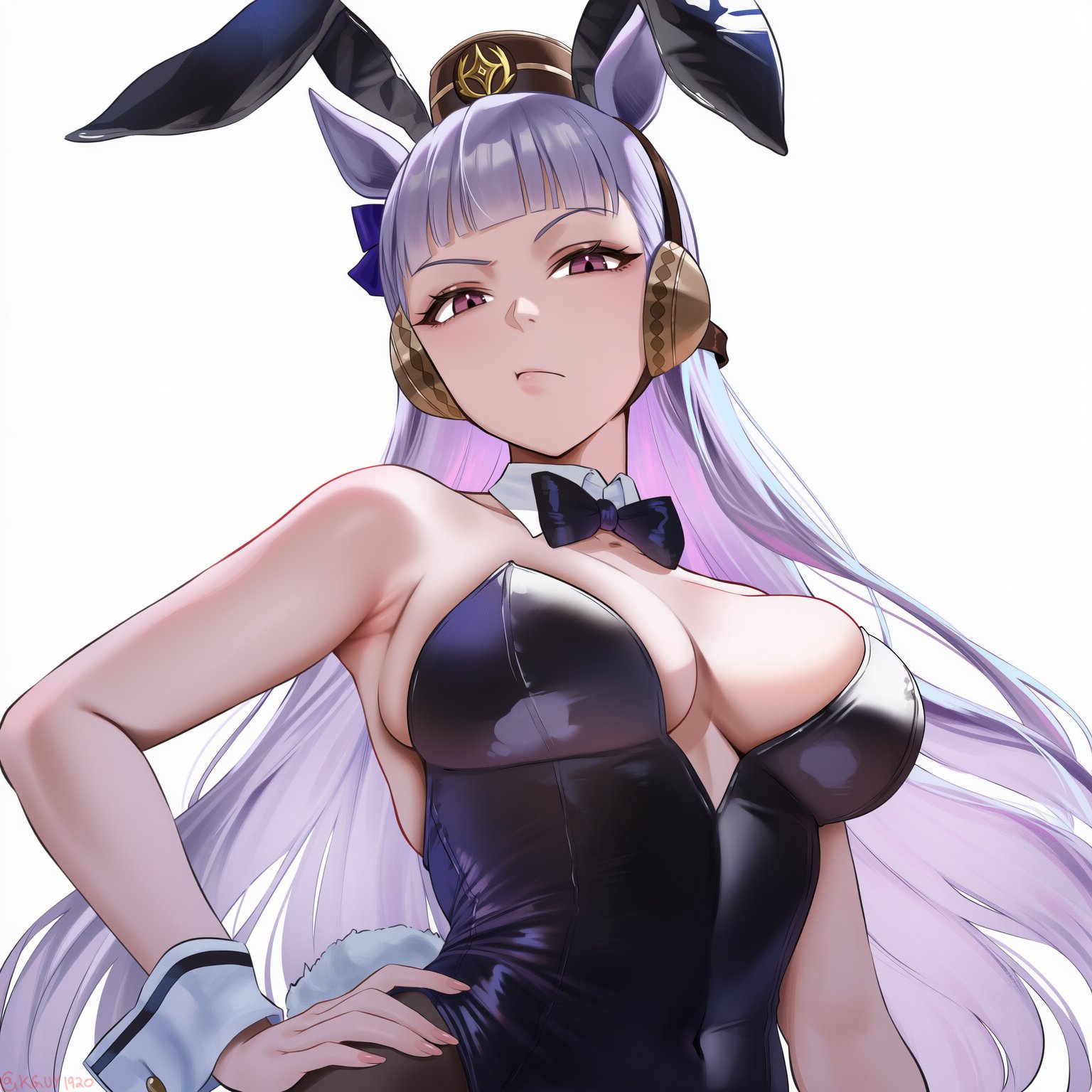 1girl, animal ears, bangs, bare shoulders, black bow, black leotard, black pantyhose, blunt bangs, bow, bowtie, breasts, bunnysuit, cleavage, closed mouth, covered navel, detached collar, fake animal ears, gold ship (umamusume), grey hair, hand on hip, hat, horse ears, horse girl, horse tail, kguy1920, large breasts, leotard, long hair, looking at viewer, pantyhose, playboy bunny, purple eyes, rabbit ears, simple background, solo, strapless, strapless leotard, tail, umamusume, upper body, white background, white hair, wrist cuffs