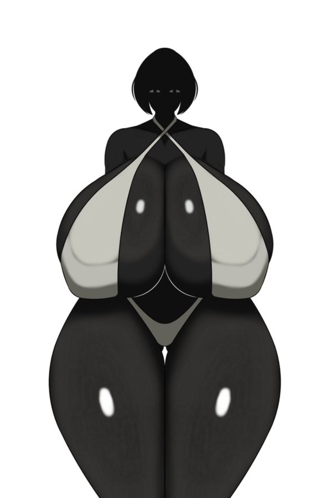 analog horror, bikini, black body, black eyes, black hair, black skin, delete alliance, enormous breasts, entity, female, half-closed eyes, huge boobs, huge tits, humanoid, massive tits, monster, naked, nate hand gesture, pitch-black skin, staring, staring at viewer, tagme, thick thighs, tits, void