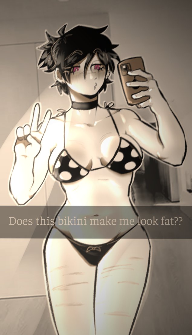1girls, 2d, alternate version available, ashley graves, bikini, black hair, blush, breasts, c4sperscoffin, choker, english text, female, female only, incest, peace sign, phone, pink eyes, polka dot, polka dot bikini, scar, scars, scars on thighs, self harm scars, sending photo, solo, solo female, taking picture, the coffin of andy and leyley