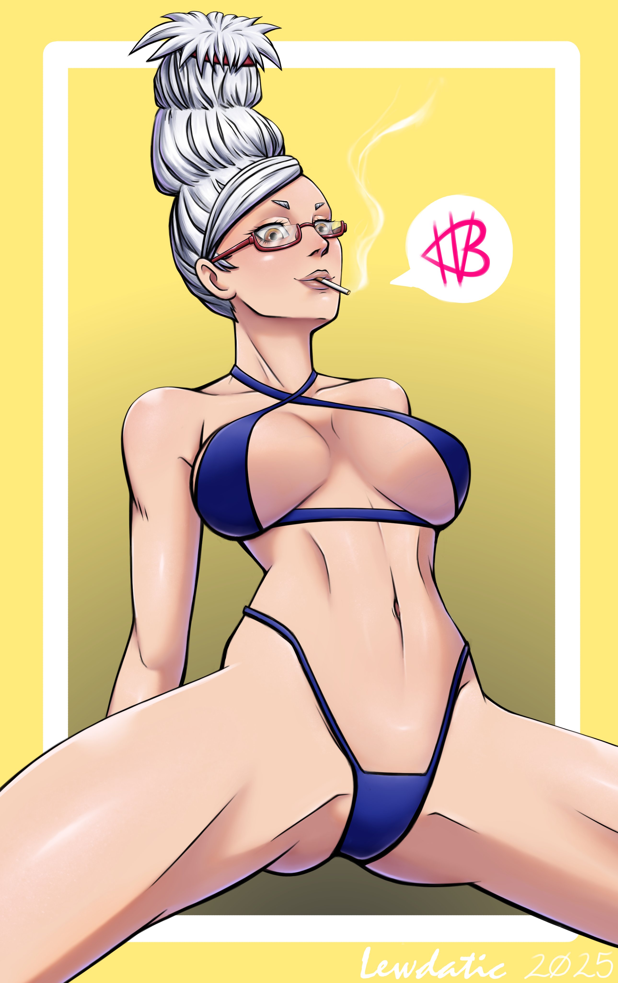 , 1girls, ayase seiko, big breasts, breasts, cigarette, dandadan, female, female only, gilf, glasses, lewdatic, mature female, sideboob, skimpy, smoking, solo, white hair